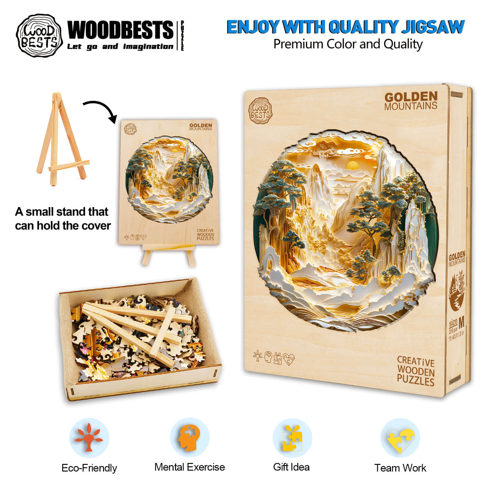 3D Golden Mountains wooden jigsaw puzzle showcasing eco-friendly design, mental exercise, and team play benefits.