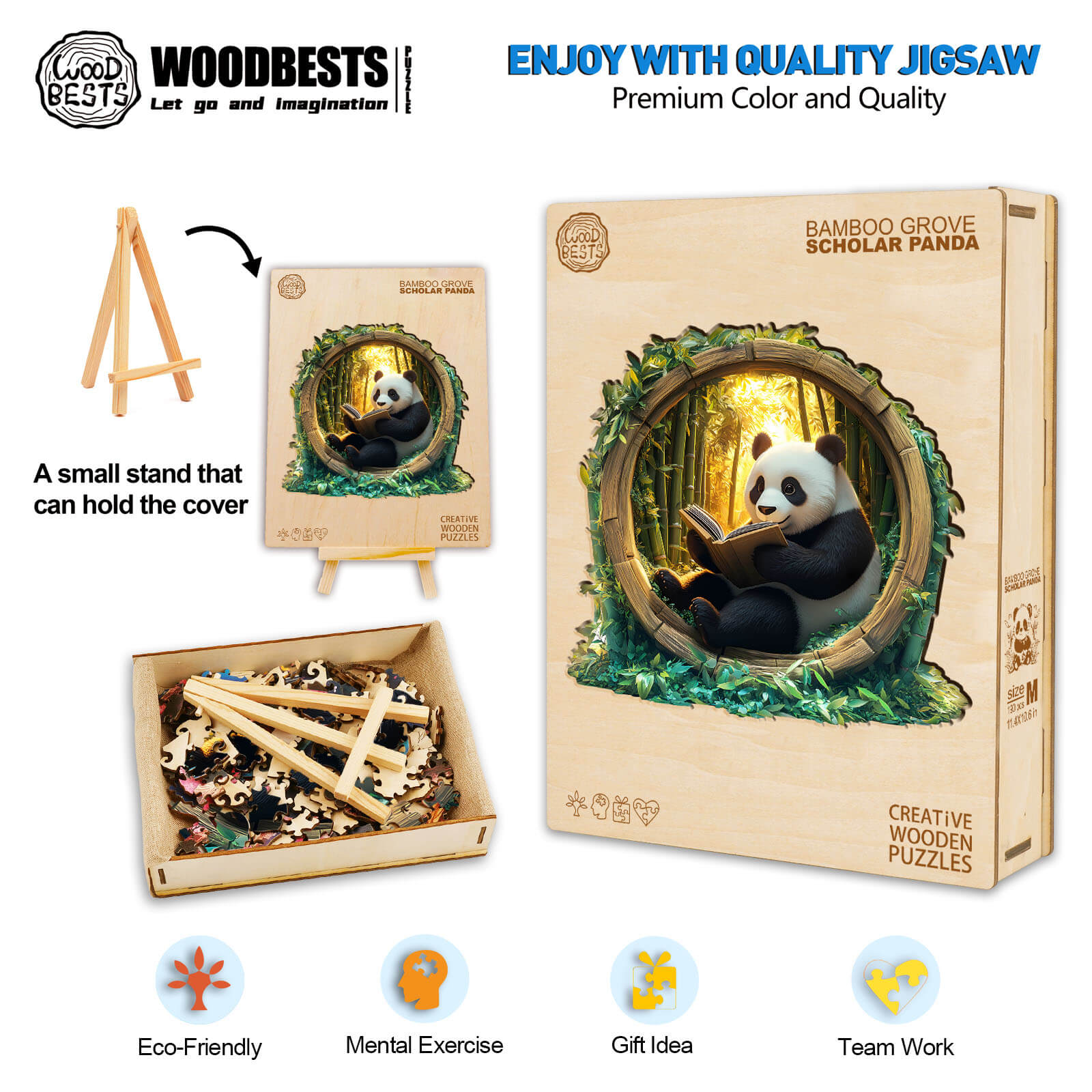 3D Bamboo Grove Scholar Panda wooden jigsaw puzzle with eco-friendly materials, mental exercise, and teamwork benefits.