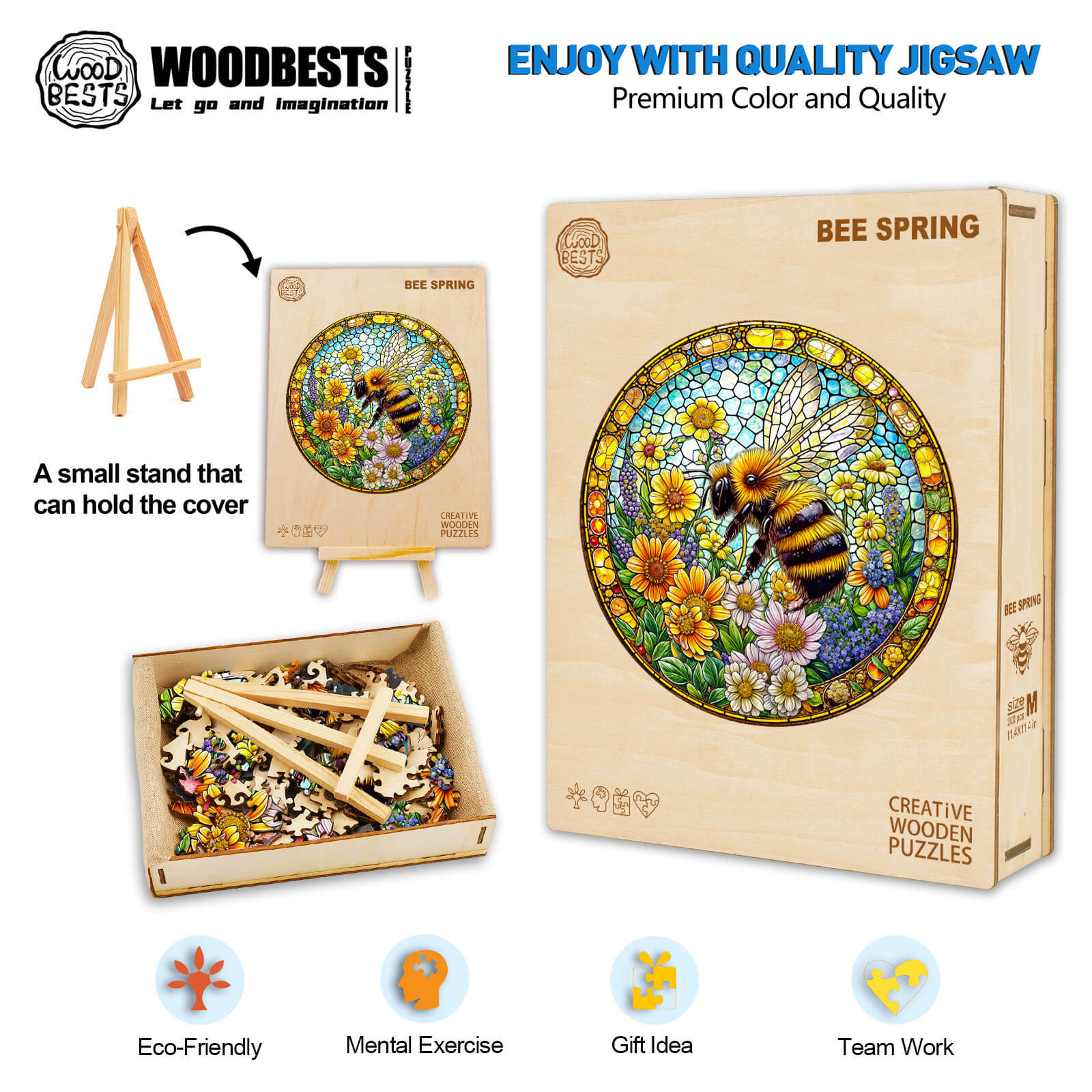 Bee Spring wooden jigsaw puzzle, eco-friendly, mental exercise, perfect gift for creative fun and teamwork.
