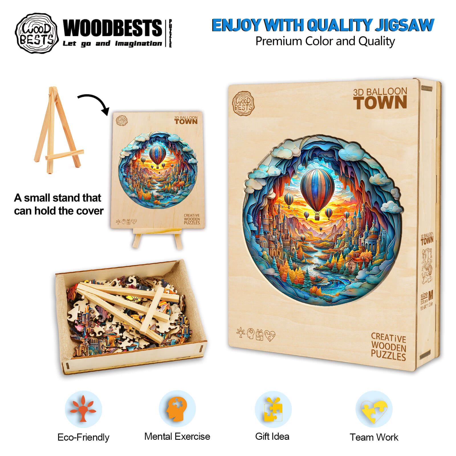 3D Balloon Town wooden jigsaw puzzle with colorful design, eco-friendly materials, and a stand for display.