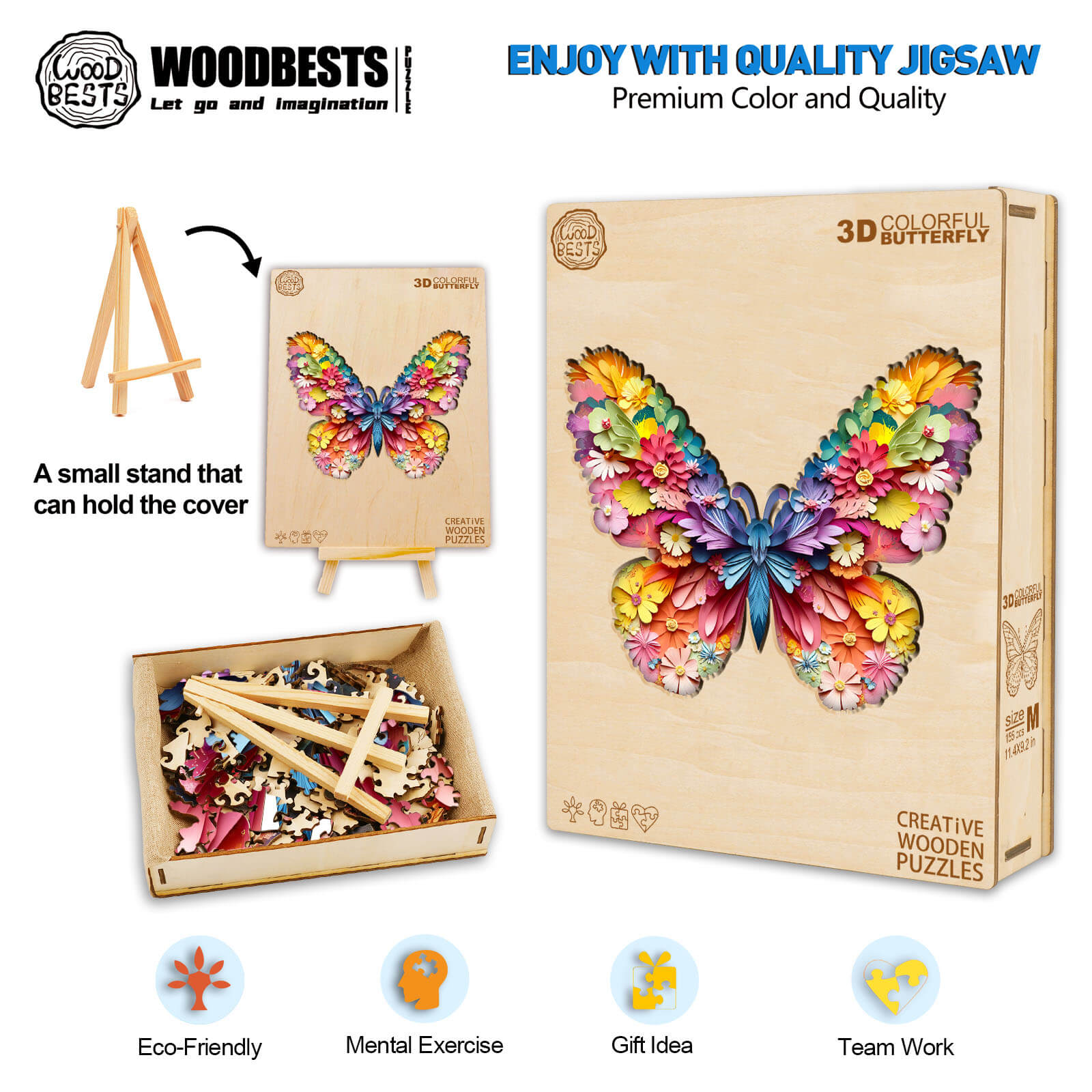 3D Colorful Butterfly Wooden Jigsaw Puzzle with vibrant design and eco-friendly pieces, showcasing quality and creativity.