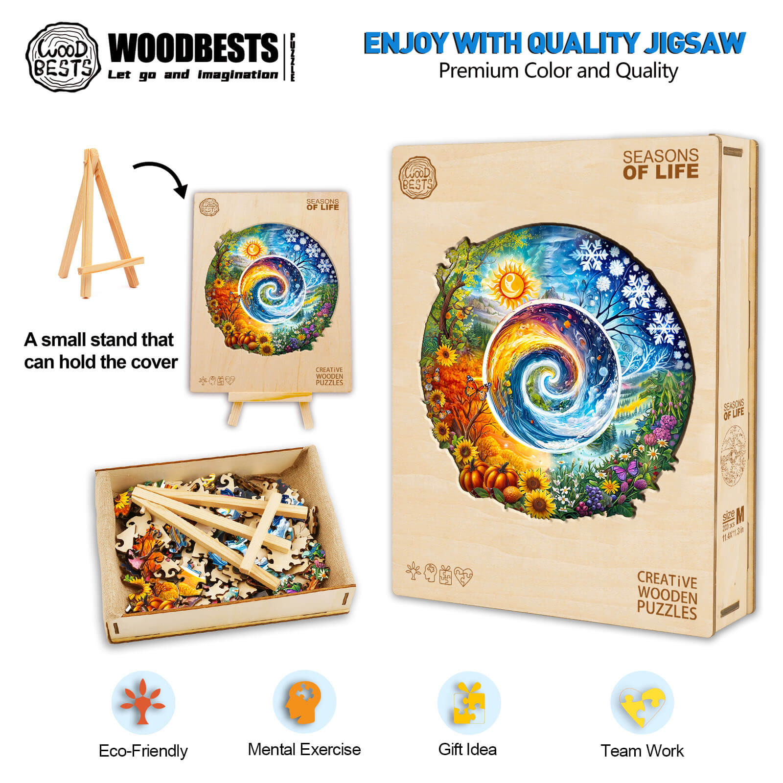 Seasons of Life wooden jigsaw puzzle with vibrant colors, eco-friendly design, and focus on mental exercise and teamwork.