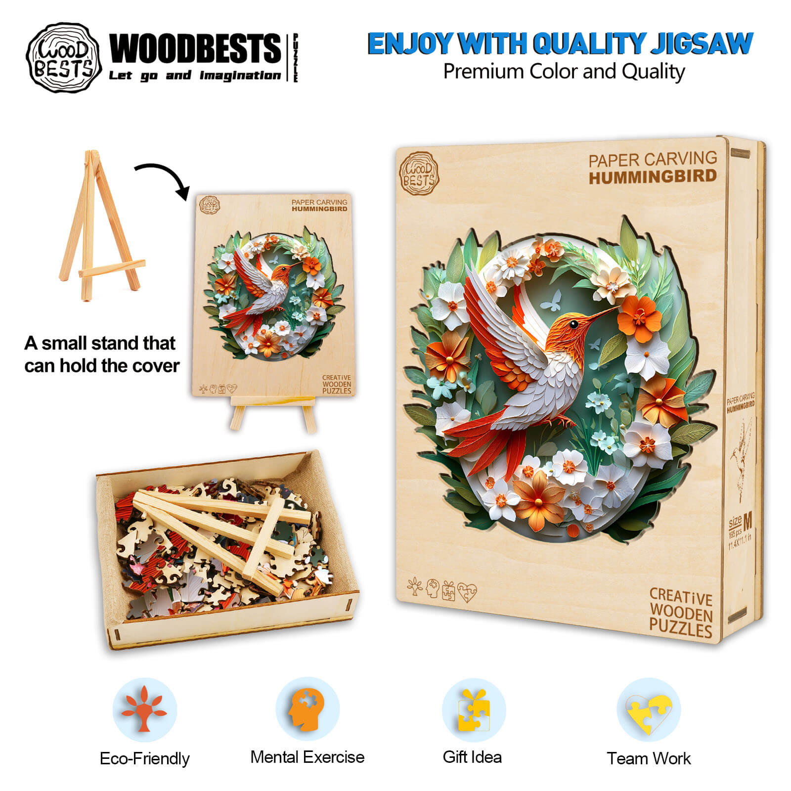 3D Colored Paper Carving Hummingbird Wooden Jigsaw Puzzle featuring vibrant colors and intricate design for creative play.