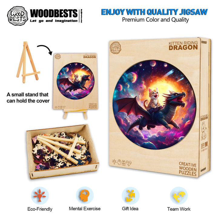 Kitten riding dragon puzzle with stand and box