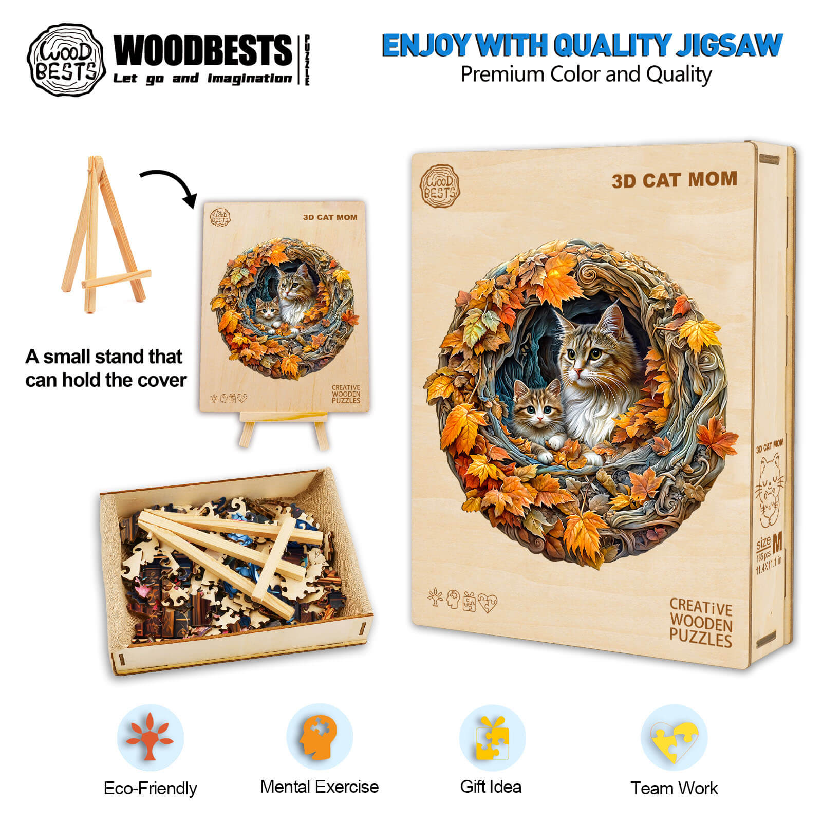 3D cat mom jigsaw puzzle box and stand, eco-friendly, mental exercise, perfect gift for puzzle lovers.