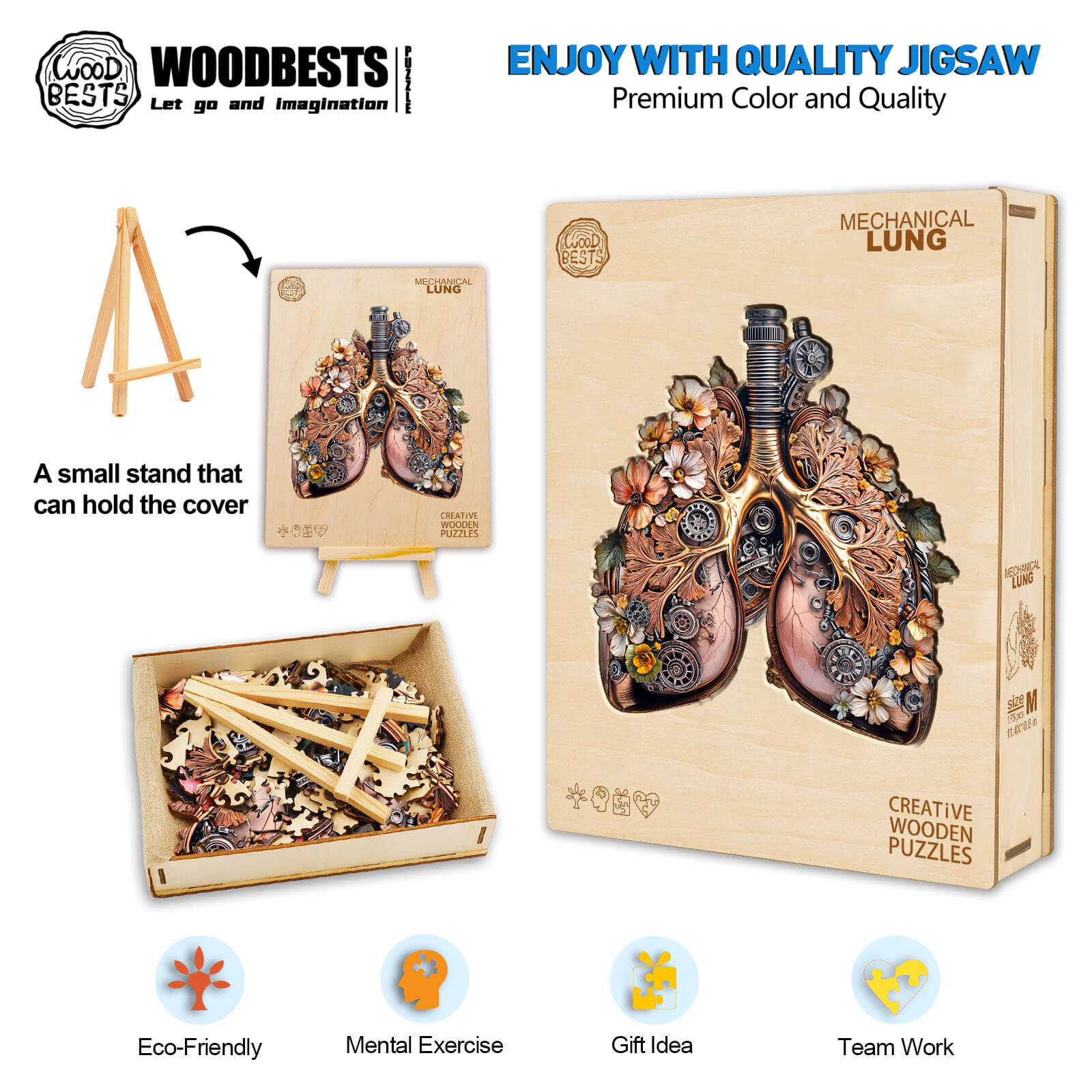 3D Mechanical Lung Wooden Jigsaw Puzzle box with pieces, promoting mental exercise and teamwork in a creative gift idea.