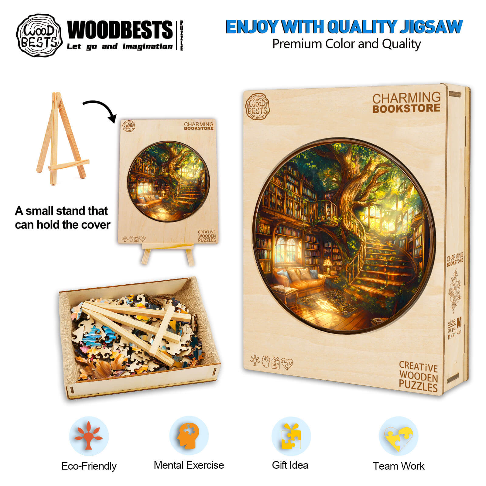 Charming Bookstore wooden jigsaw puzzle, eco-friendly, mental exercise, gift idea, featuring intricate artwork and stand.
