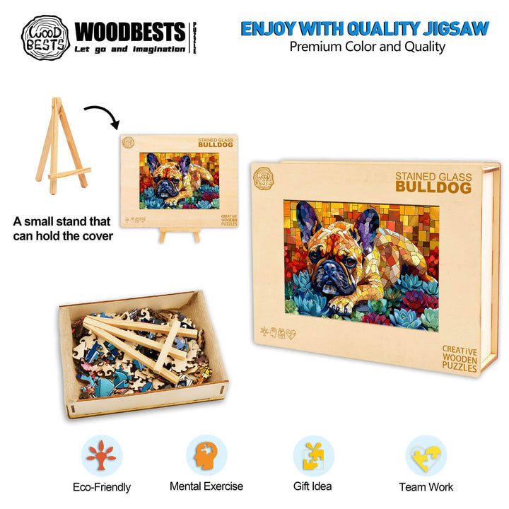 Stained Glass Bulldog Wooden Jigsaw Puzzle - Woodbests