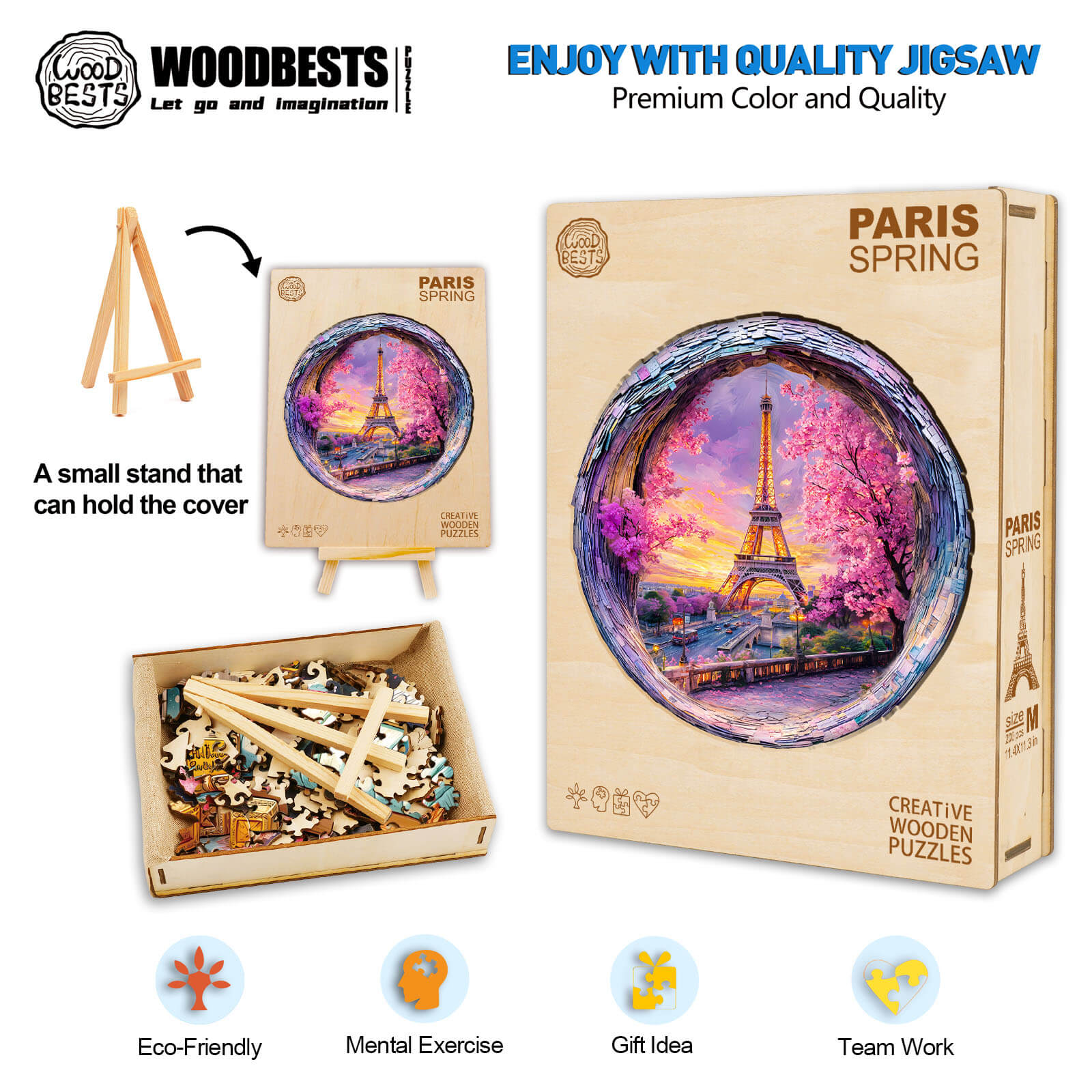 3D Four Seasons in Paris wooden jigsaw puzzle with stand, showcasing Spring at the Eiffel Tower for focused mind exercises.