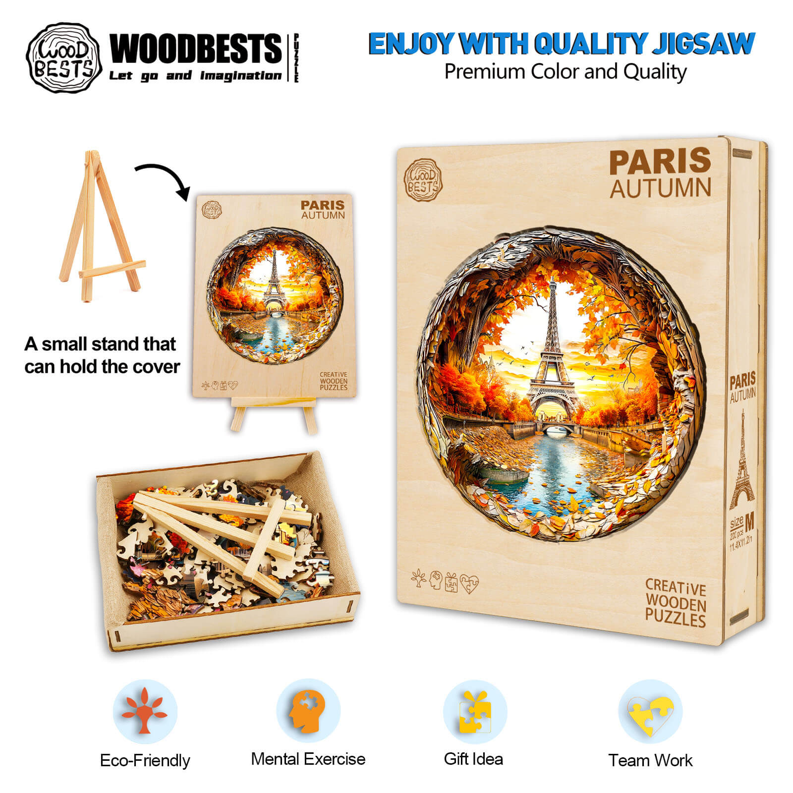 3D Four Seasons in Paris wooden jigsaw puzzle showcasing autumn, promoting creativity and mental exercise, eco-friendly design.