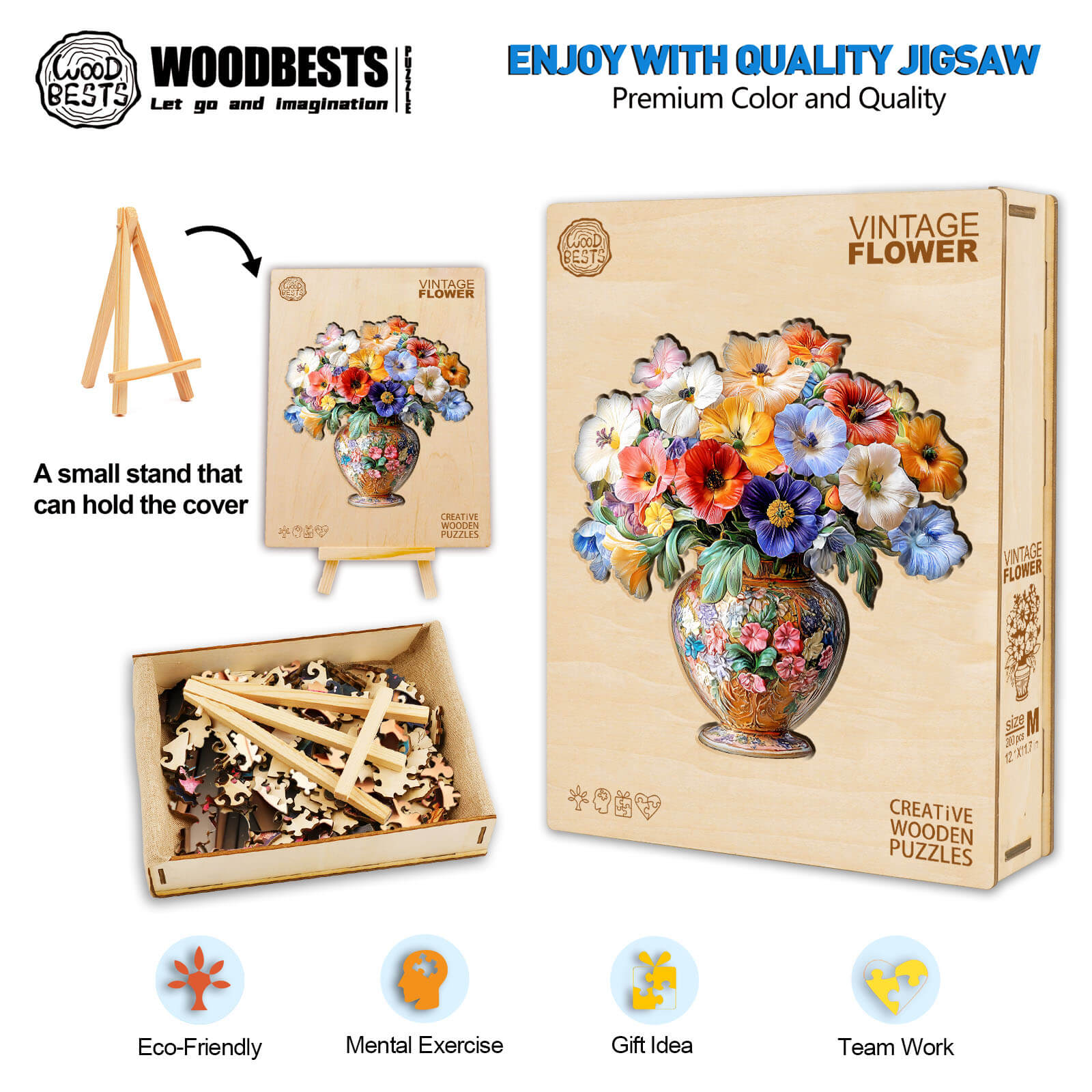 3D Vintage flower jigsaw puzzle with a stand, eco-friendly wooden pieces for mental exercise and teamwork.