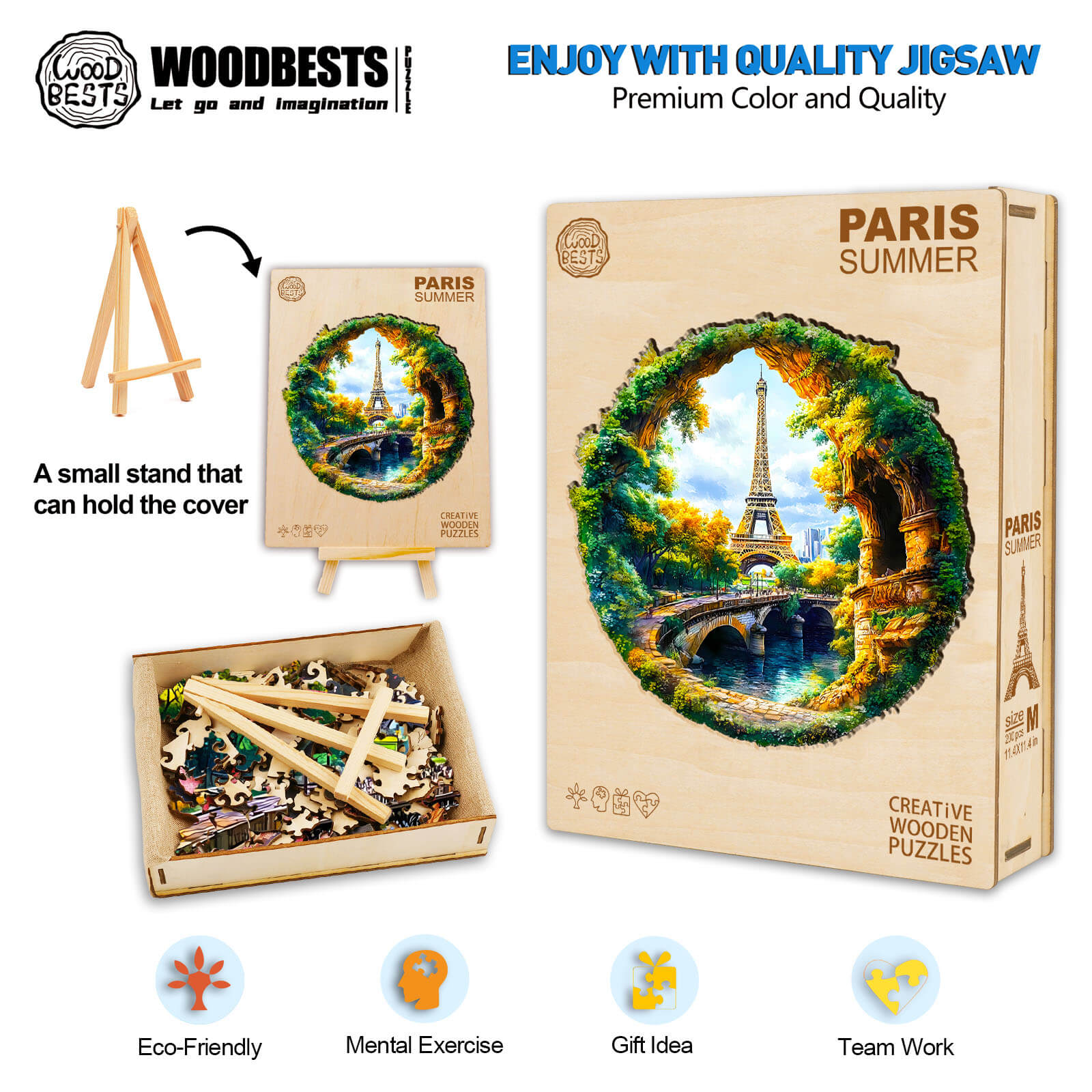 3D Four Seasons in Paris wooden jigsaw puzzle box and pieces; perfect for eco-friendly mental exercise and teamwork.