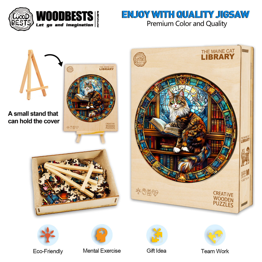 The Maine Cat Library Wooden Jigsaw Puzzle