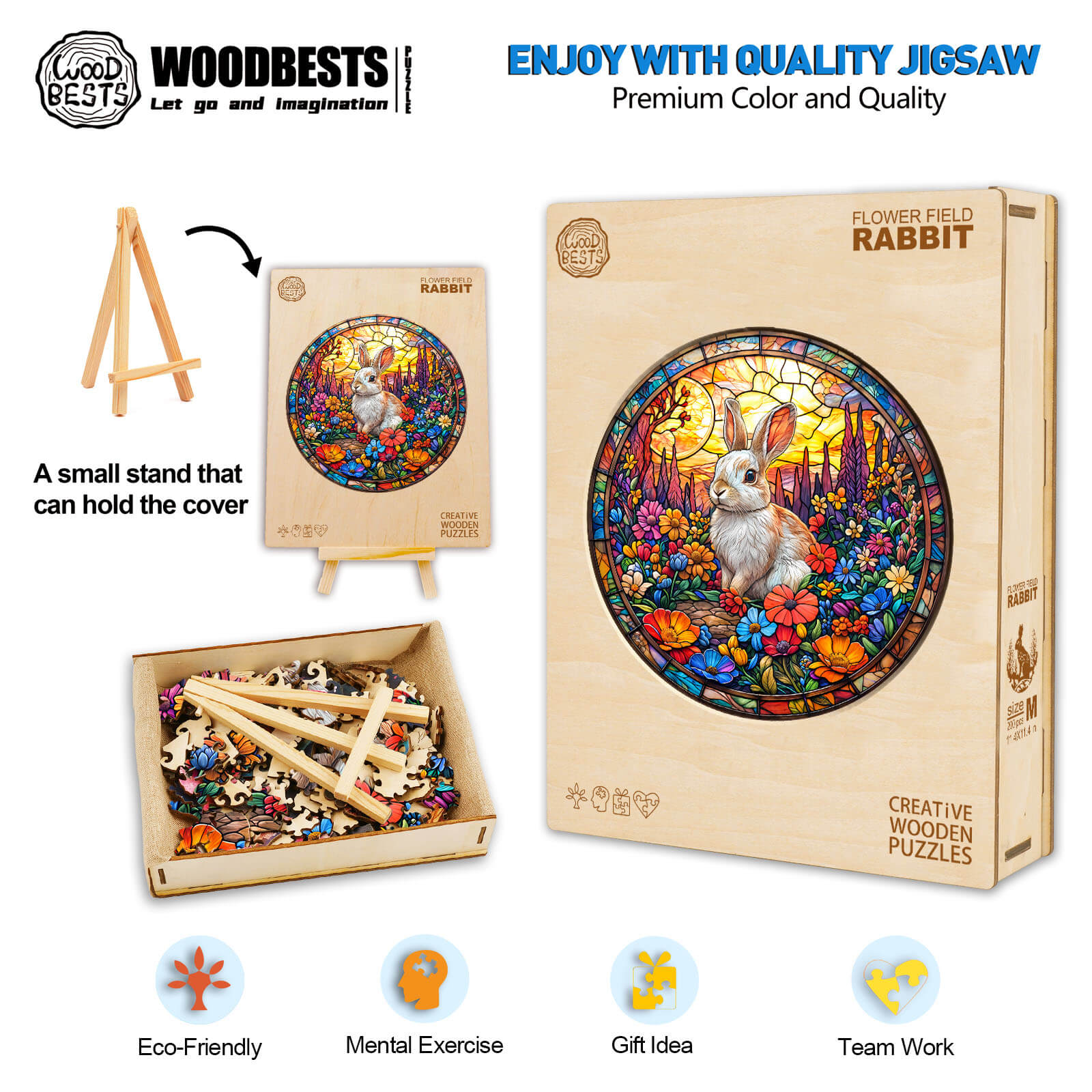 Wooden jigsaw puzzle featuring a colorful Flower Field Rabbit design, ideal for mental exercise and family fun.