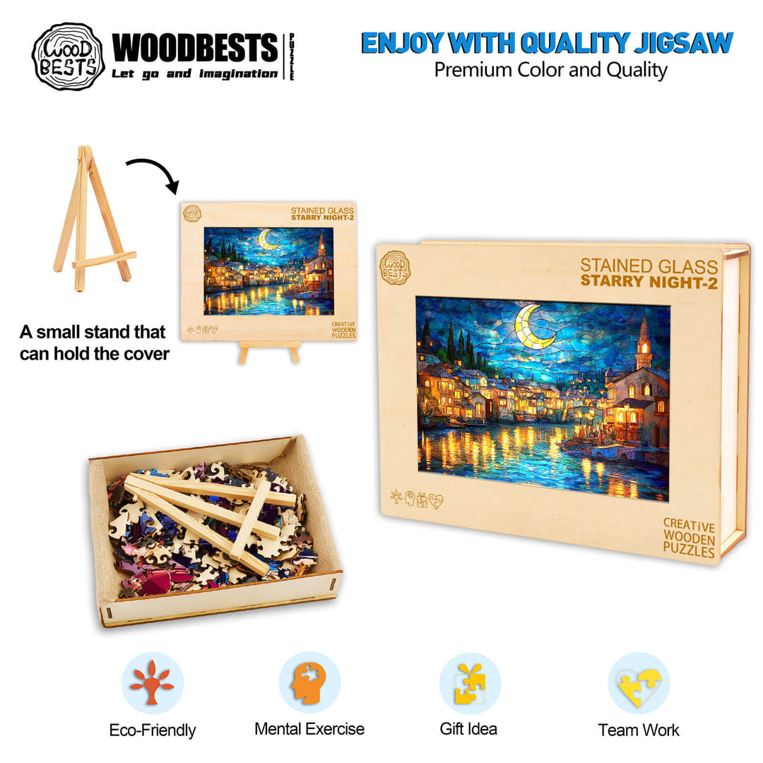 Stained Glass Starry Night-2 Wooden Jigsaw Puzzle - Woodbests