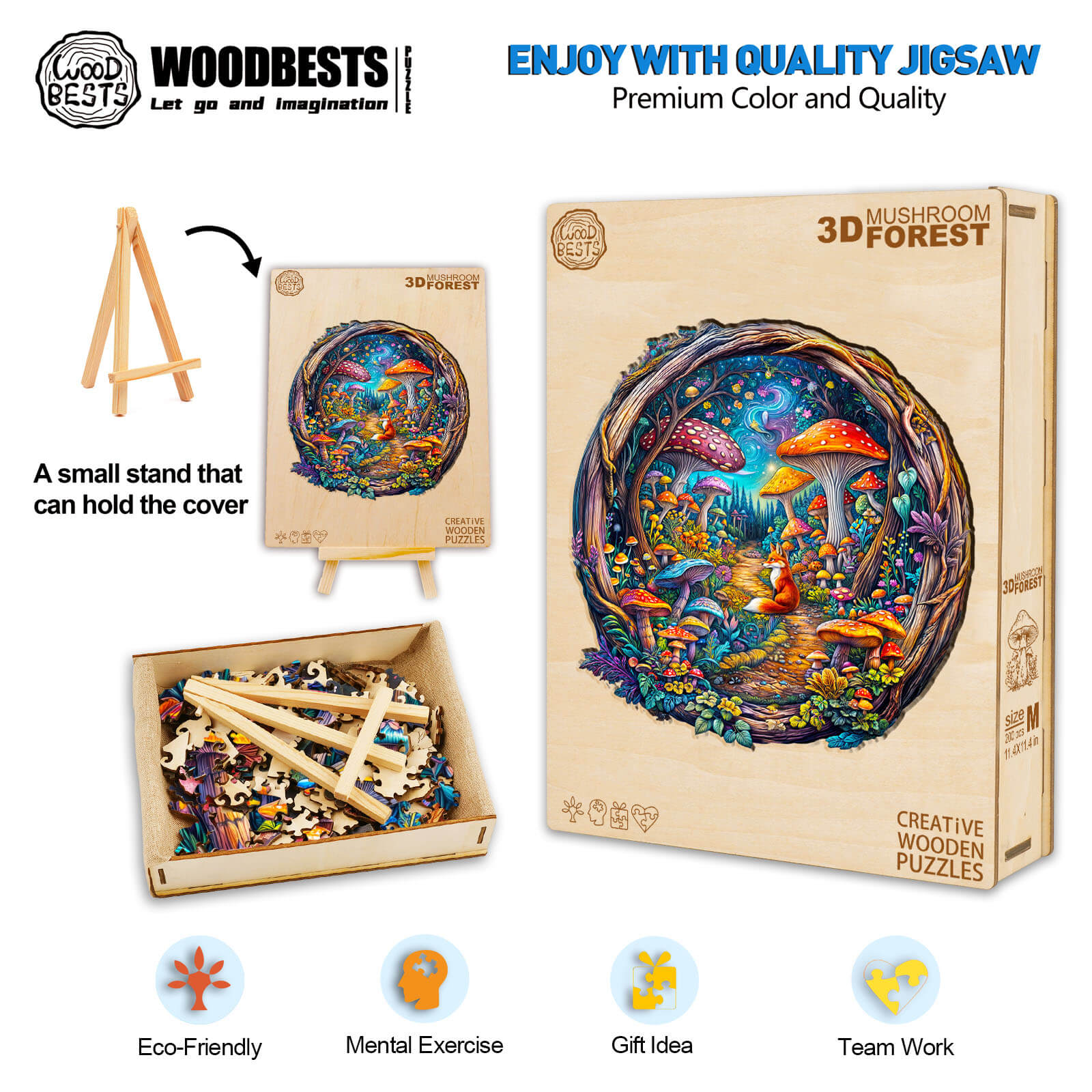 3D Mushroom Forest Wooden Jigsaw Puzzle featuring vibrant colors and eco-friendly materials for a fun mental challenge.