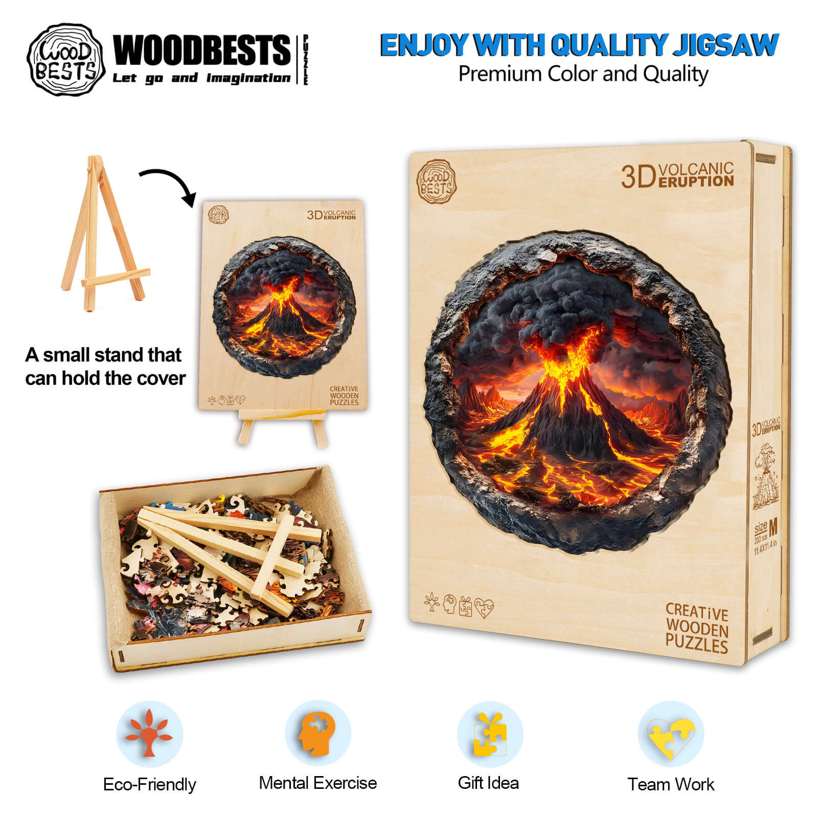 3D Volcanic Eruption Wooden Jigsaw Puzzle with colorful design, eco-friendly pieces, and a small stand for display.