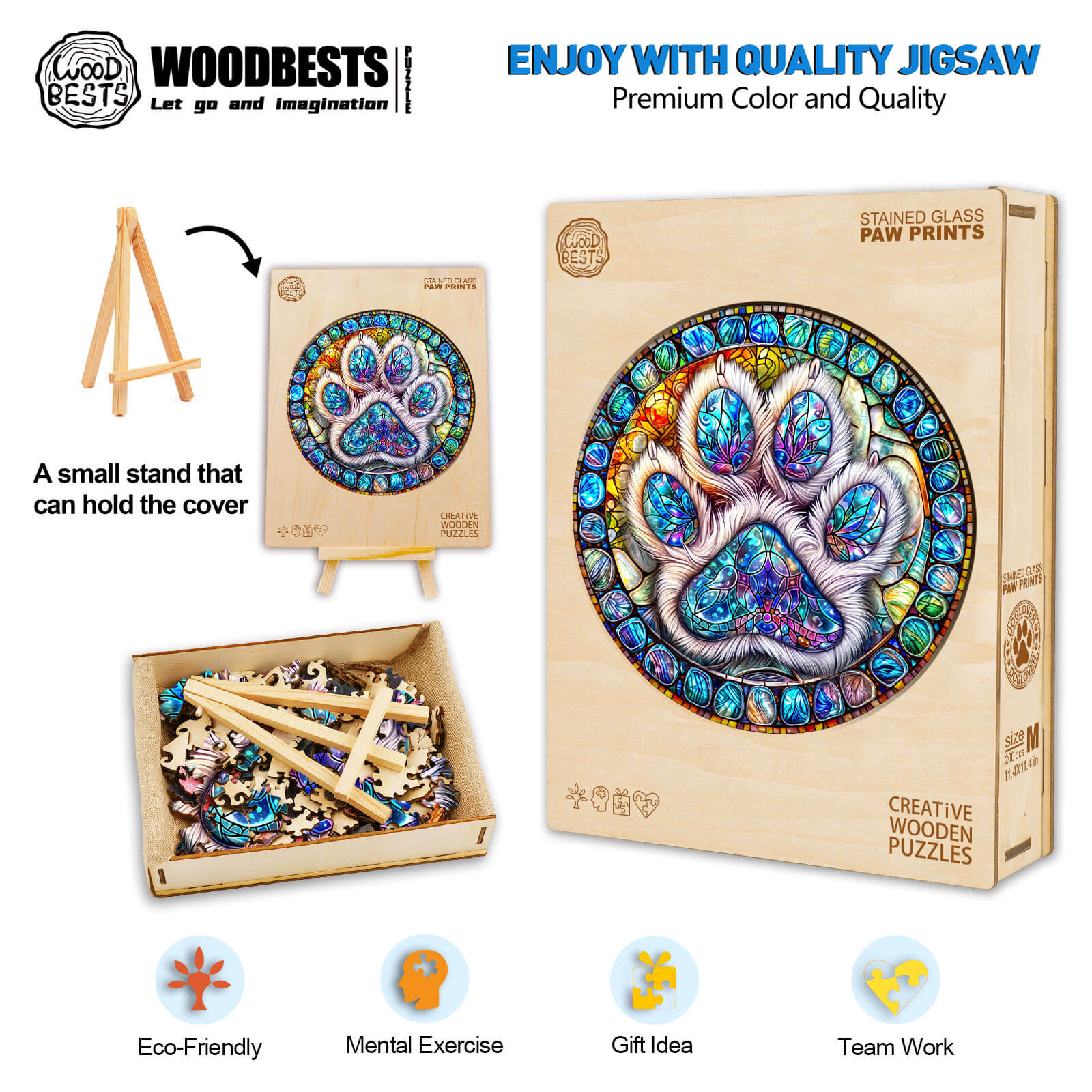Stained glass paw prints wooden jigsaw puzzle with pieces and stand, promoting focus and mental exercise.