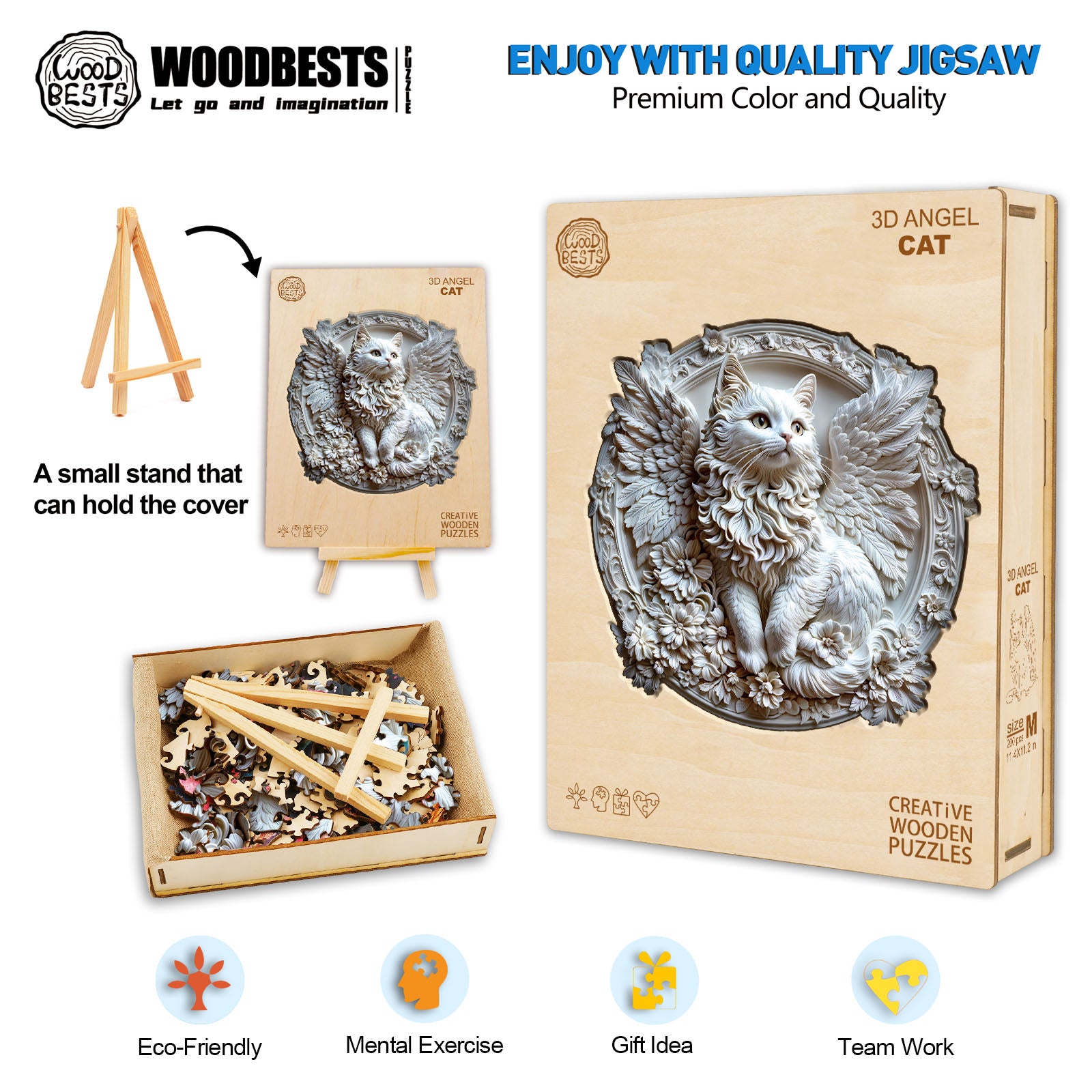 3D angel cat wooden jigsaw puzzle with creative design, promoting focus and mental exercise, ideal for gifts and teamwork.