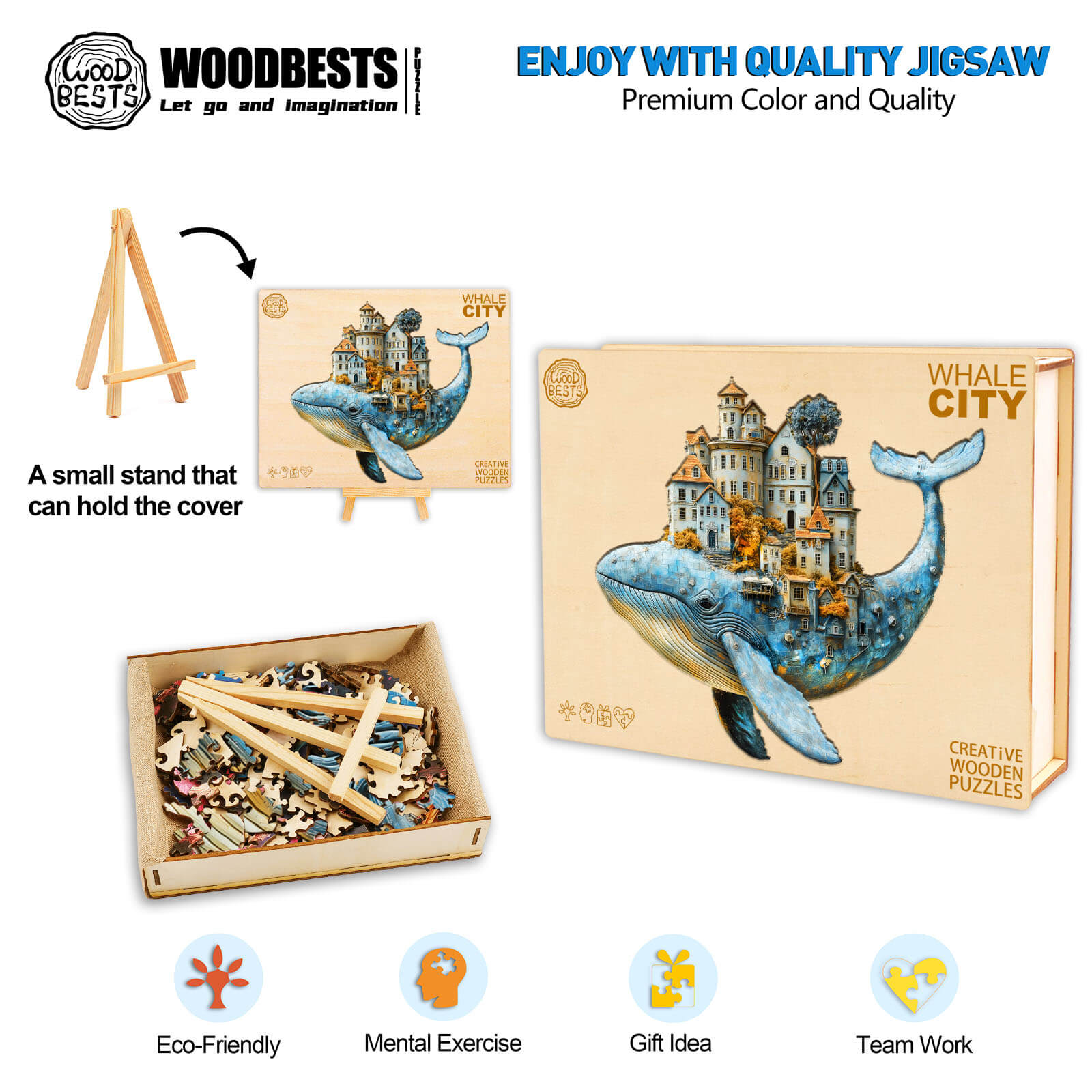 3D Whale City Wooden Jigsaw Puzzle with stand, eco-friendly, perfect for mental exercise and a creative gift idea.