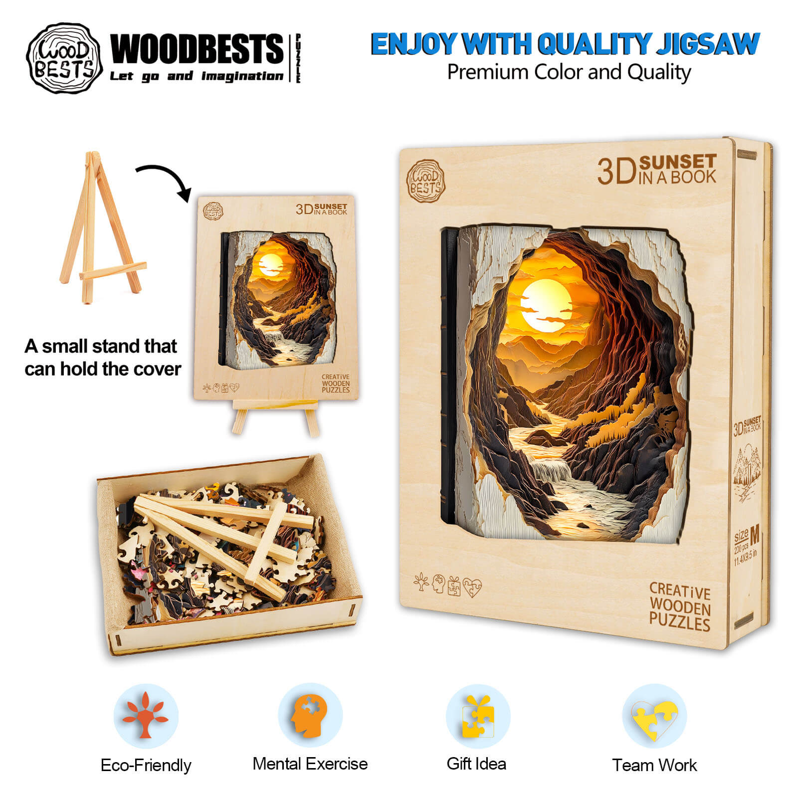 3D Sunset in a Book wooden jigsaw puzzle, eco-friendly, engaging mental exercise with creative design and stand.