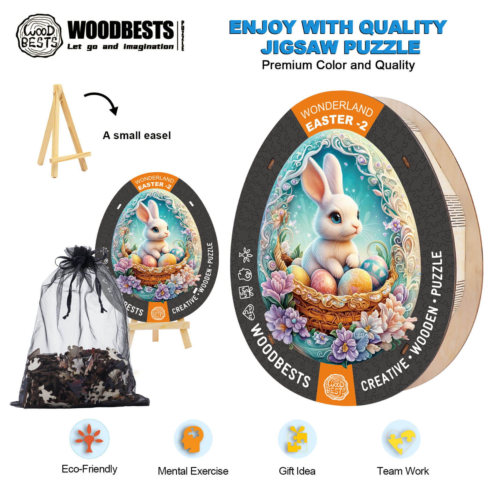 Wonderland Easter-2 wooden jigsaw puzzle with colorful design, mental exercise, eco-friendly, and team building features.