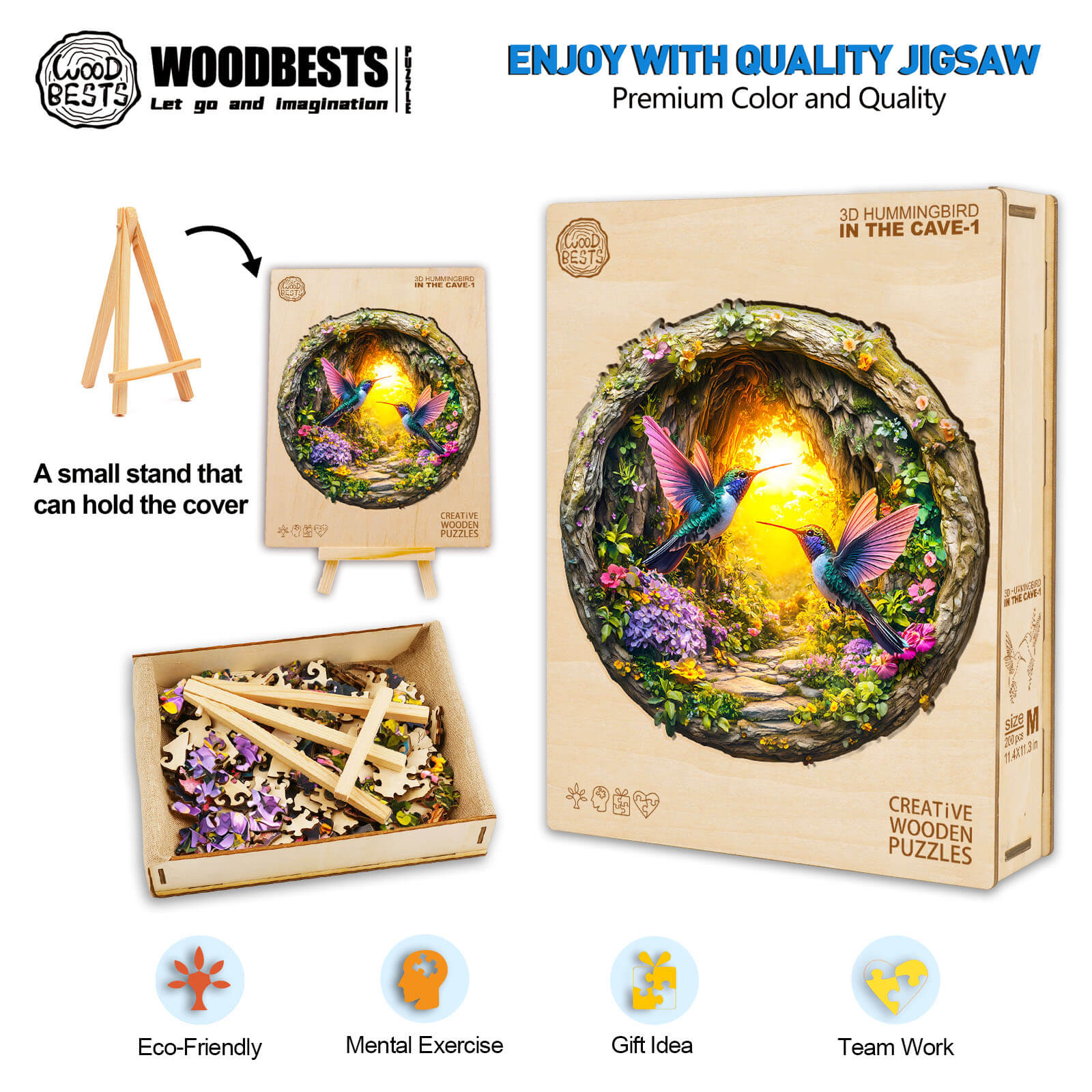 3D Hummingbird in the Cave-1 wooden jigsaw puzzle, eco-friendly, promotes focus and teamwork, vibrant colors and quality design.