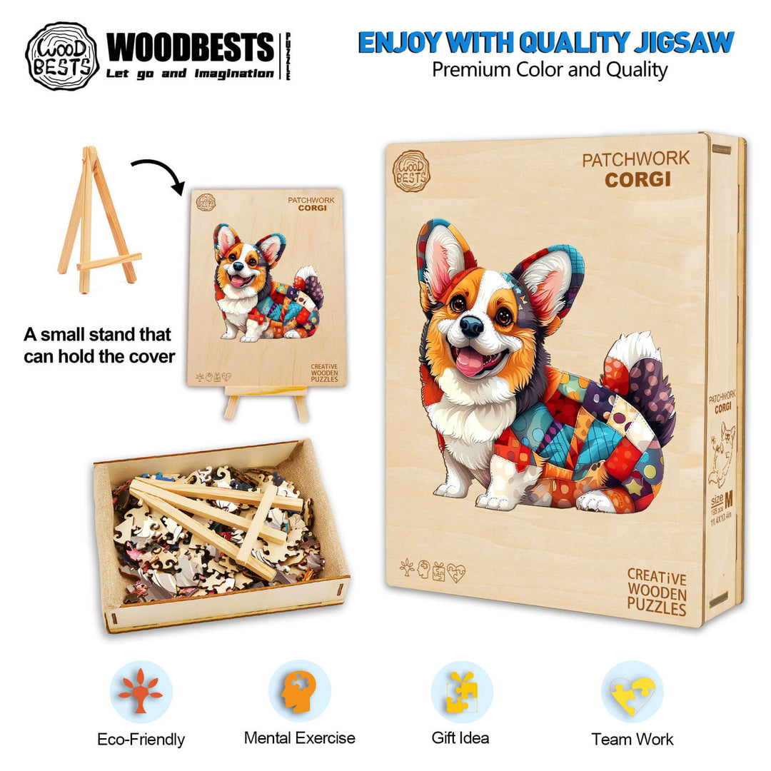 Patchwork Corgi Wooden Jigsaw Puzzle