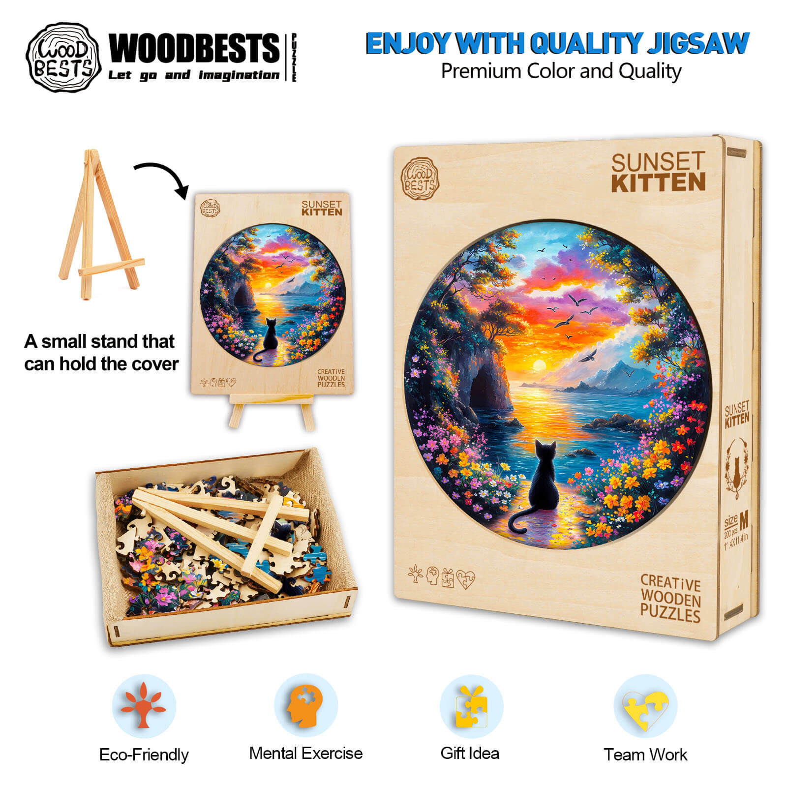 Sunset Kitten wooden jigsaw puzzle set featuring colorful artwork, eco-friendly materials, and mental exercise for puzzle lovers.