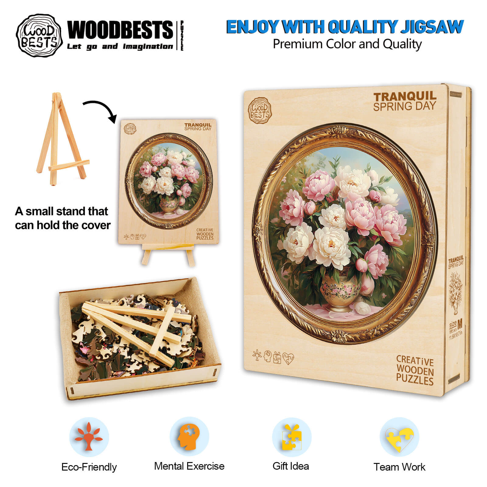 3D Tranquil Spring Day wooden jigsaw puzzle kit featuring floral design, stand, and pieces for focus and teamwork.