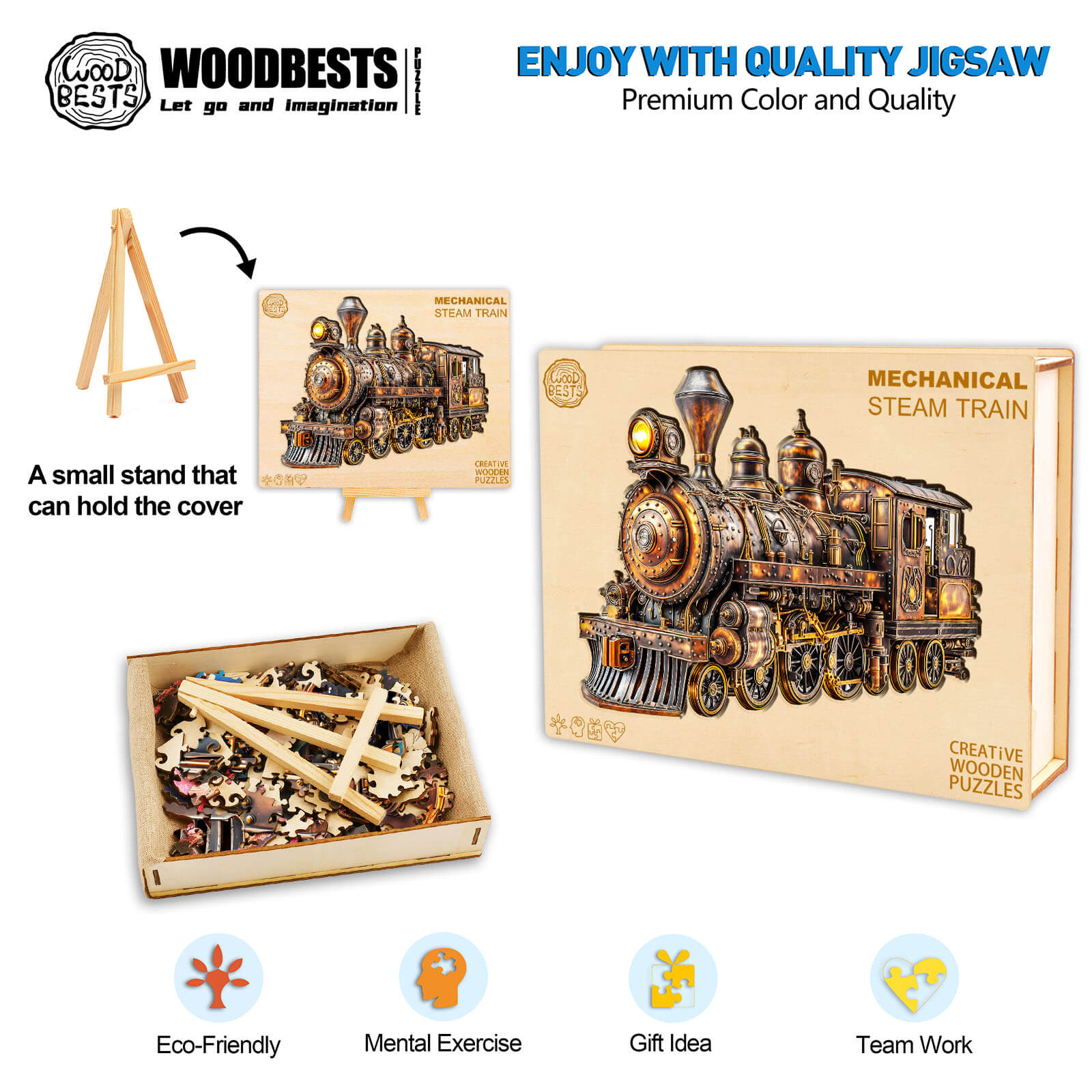 3D Mechanical Steam Train Wooden Jigsaw Puzzle with cover, pieces, and display stand; eco-friendly and engaging activity.