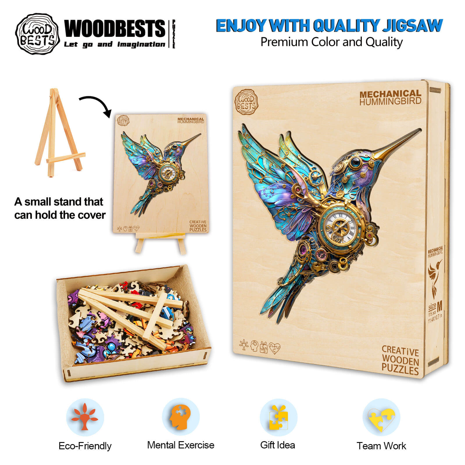 3D Mechanical Hummingbird Wooden Puzzle kit with vibrant colors, eco-friendly materials, and puzzle pieces for mental exercise.
