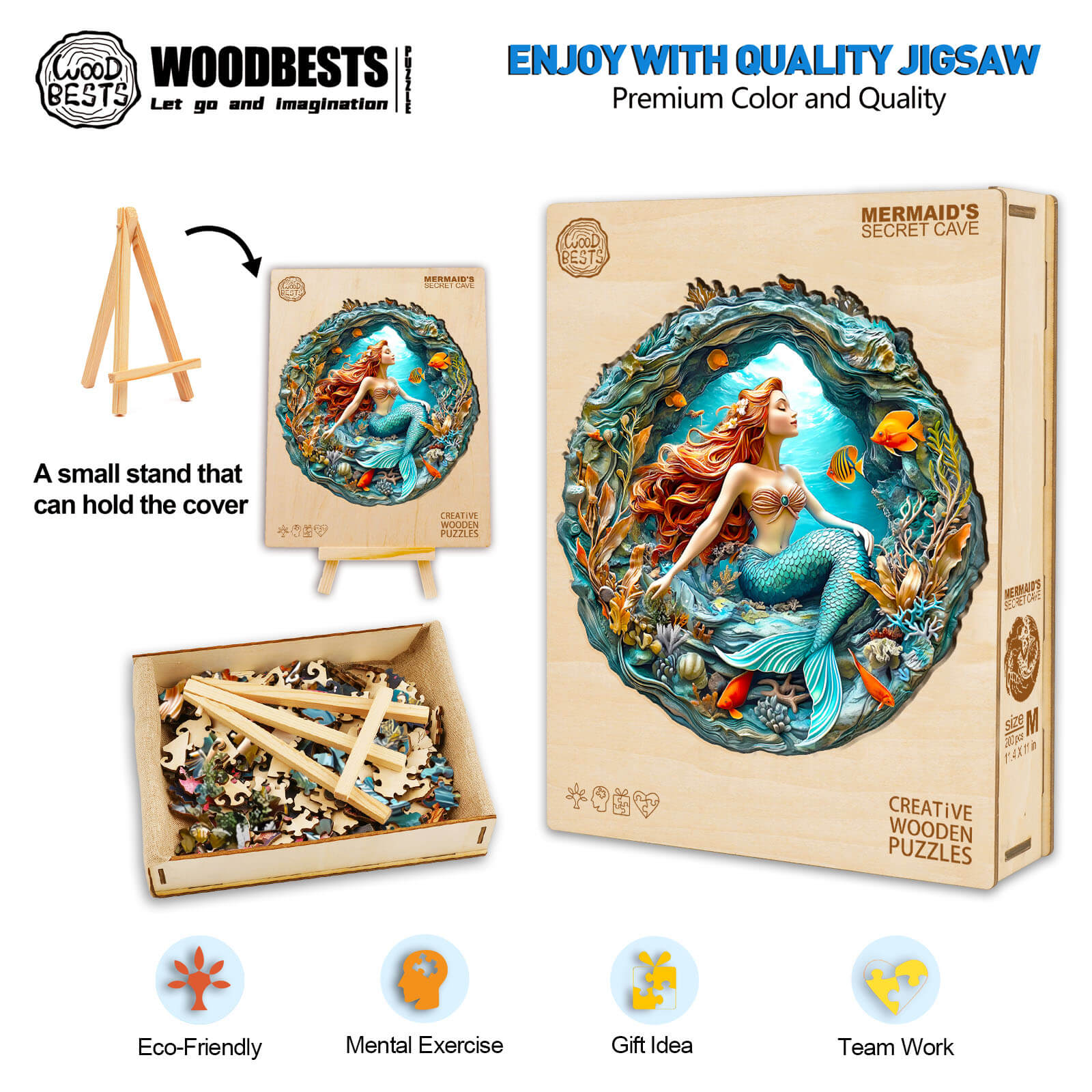 3D Mermaid's Secret Cave wooden jigsaw puzzle with pieces, stand, promoting focus and mental exercise through creative play.