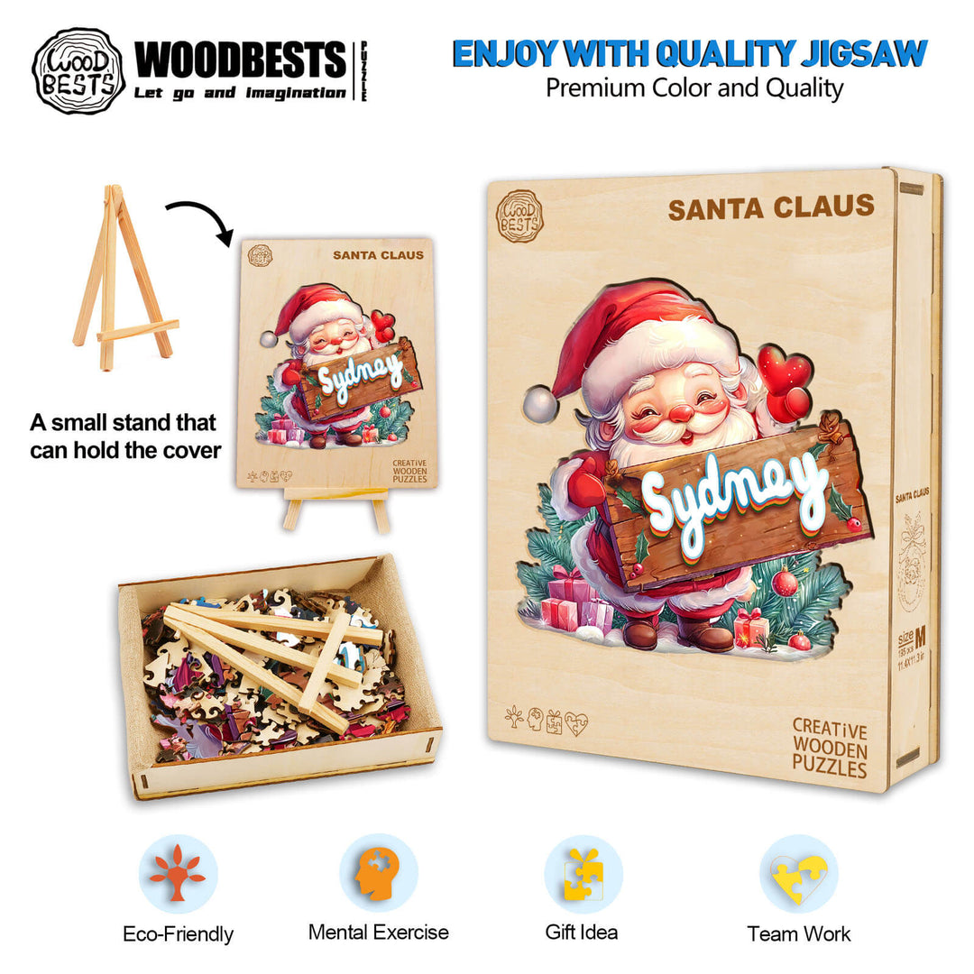 Santa Claus Custom Name Wooden Jigsaw Puzzle