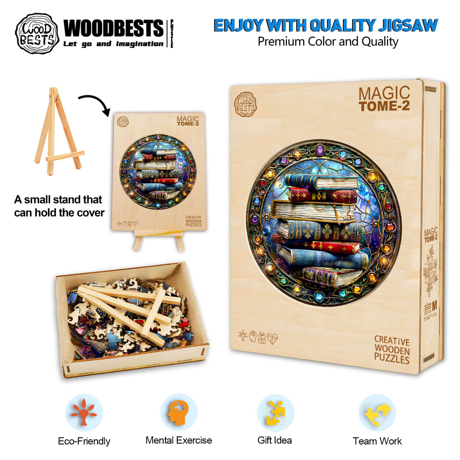 Magic Tome-2 Wooden Jigsaw Puzzle showcasing vibrant book design, eco-friendly materials, perfect for mental exercise and teamwork.