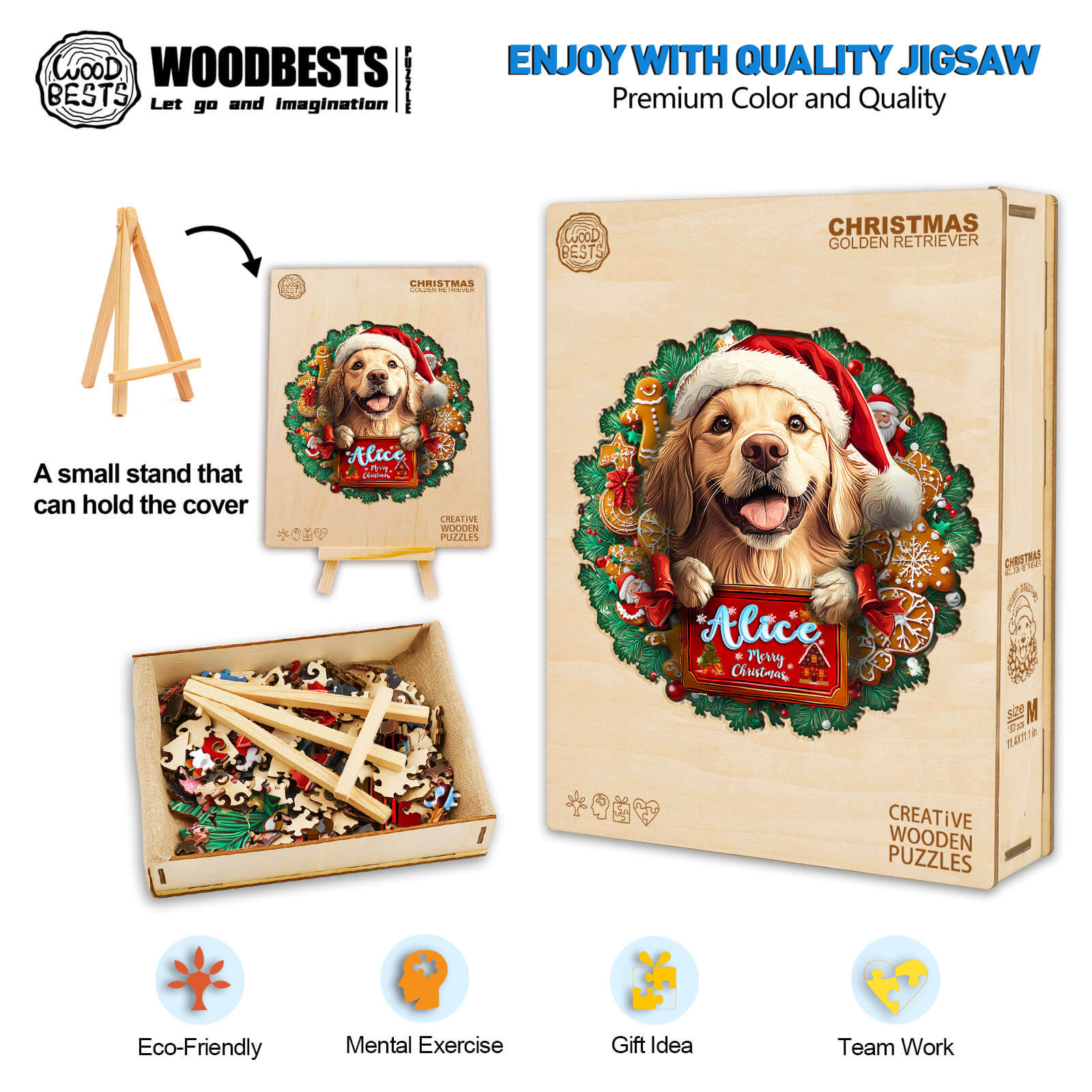 Christmas Golden Retriever Custom Name Wooden Jigsaw Puzzle