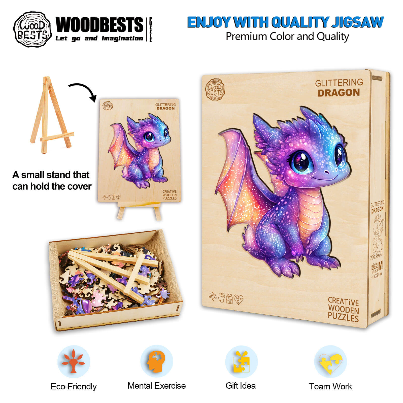 Glittering Dragon wooden jigsaw puzzle box with pieces, promoting focus, creativity, and eco-friendly fun.