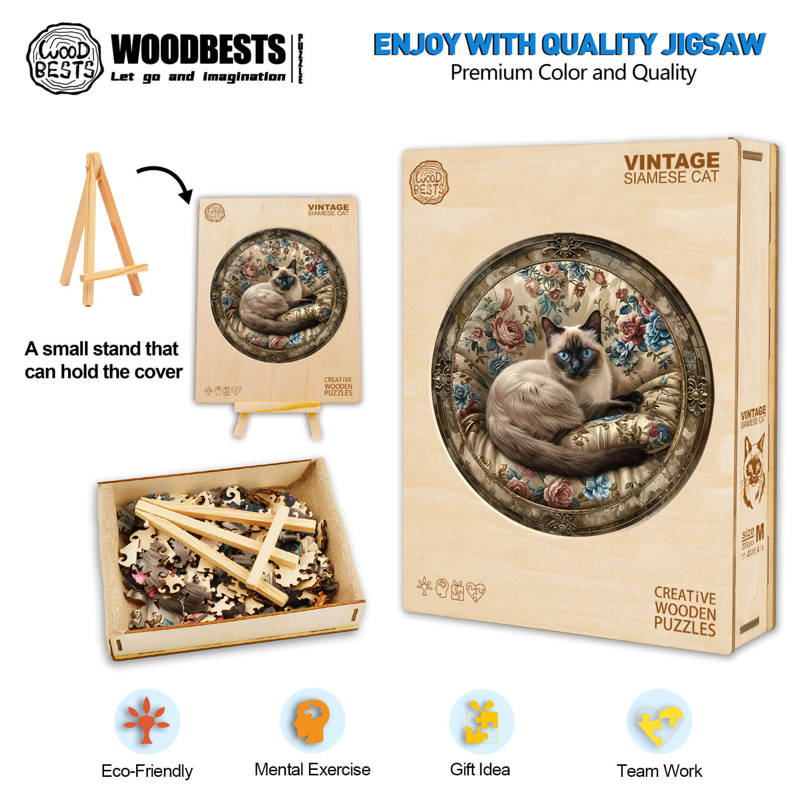 Vintage Siamese cat wooden jigsaw puzzle, featuring eco-friendly design for mental exercise and teamwork.