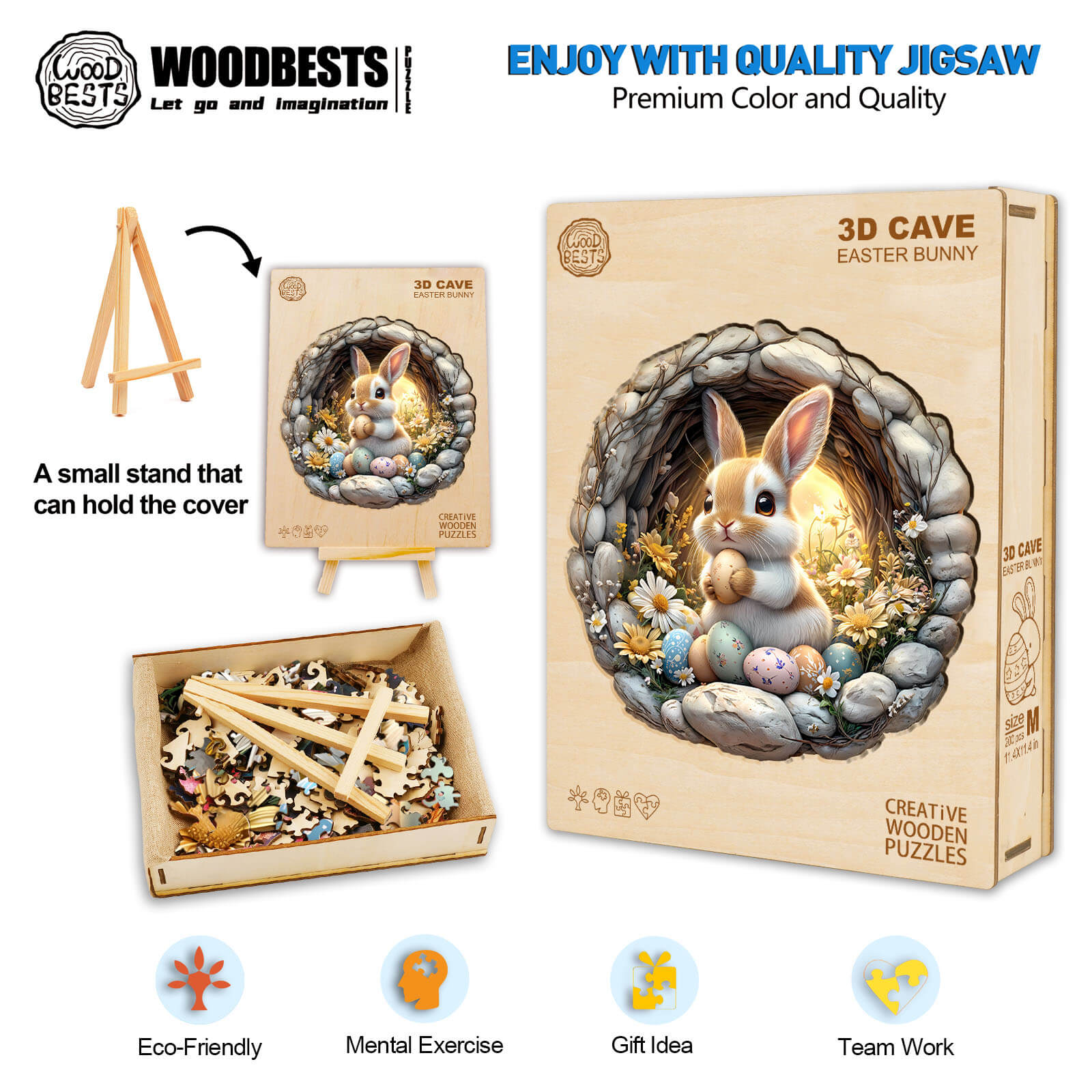 3D Cave Easter Bunny wooden jigsaw puzzle in eco-friendly packaging, promoting mental exercise and teamwork.