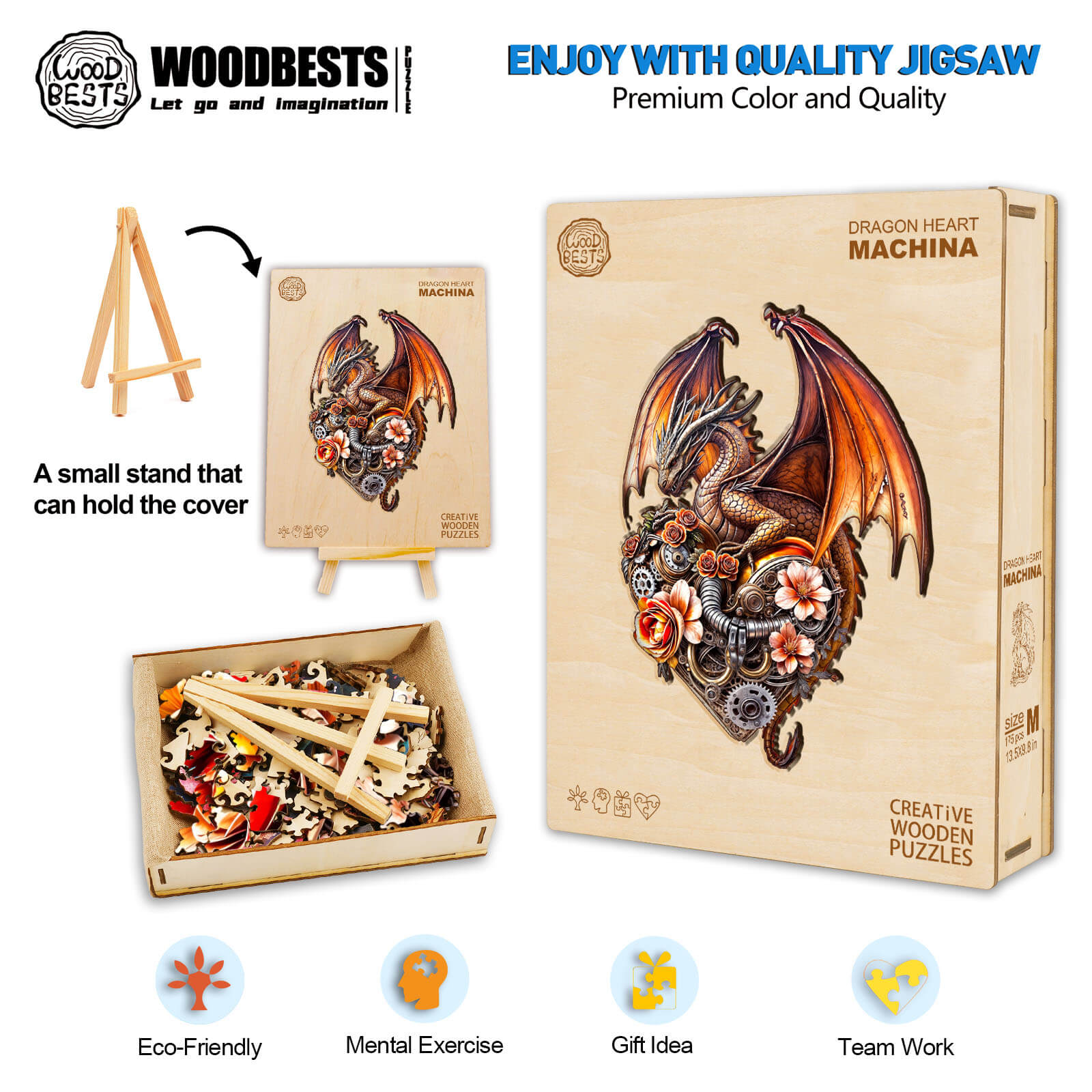 Dragon Heart Machina wooden jigsaw puzzle with eco-friendly pieces, mental exercise benefits, and great gift idea.