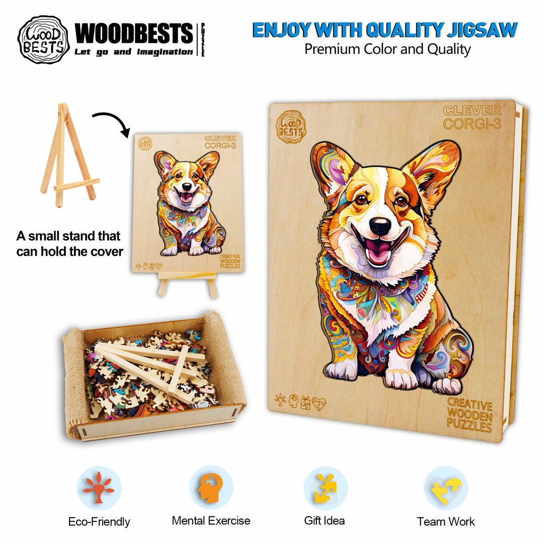 Clever Corgi 3 Wooden Jigsaw Puzzle-Woodbests