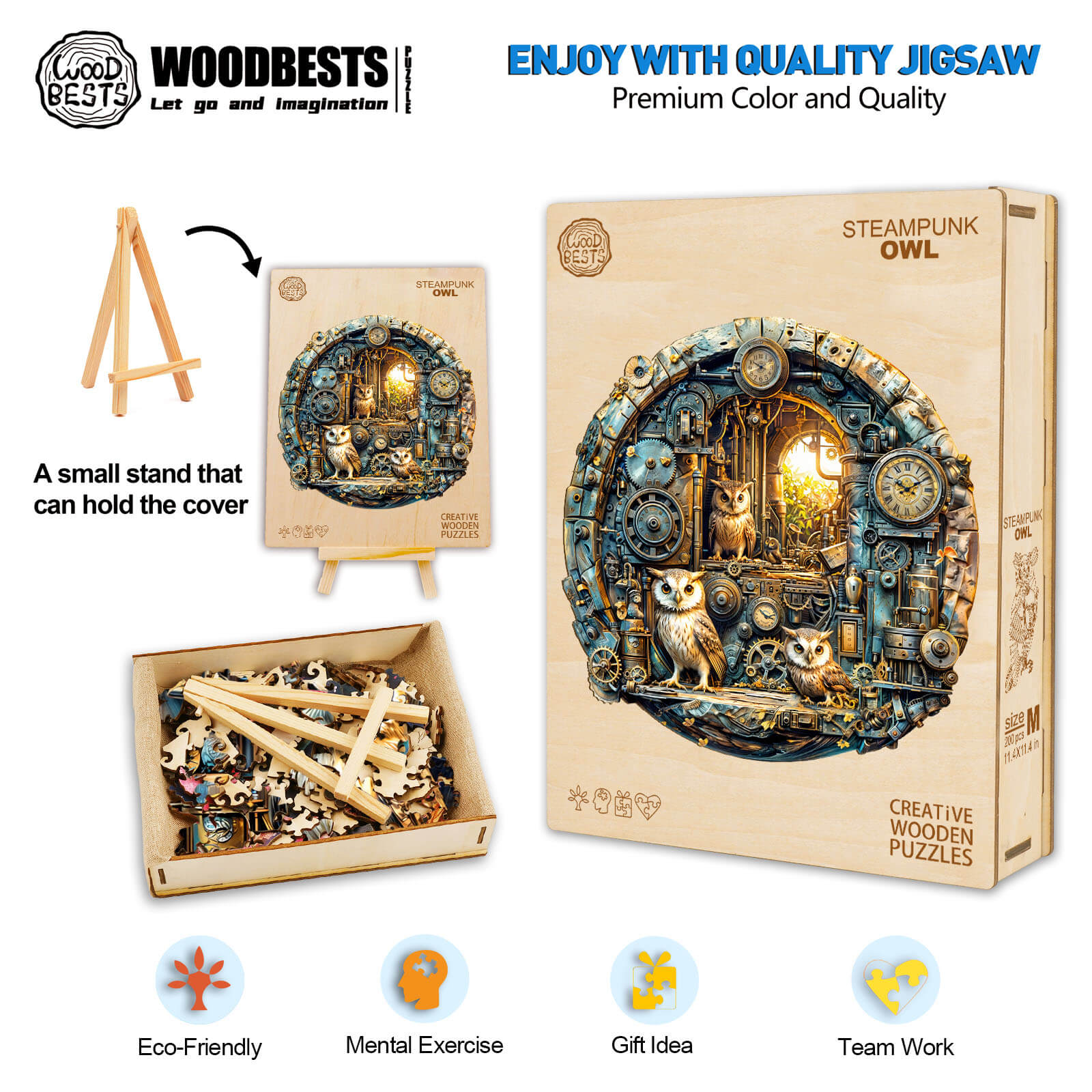 Steampunk Owl wooden jigsaw puzzle with eco-friendly pieces, featuring intricate designs for mental exercise and fun teamwork.