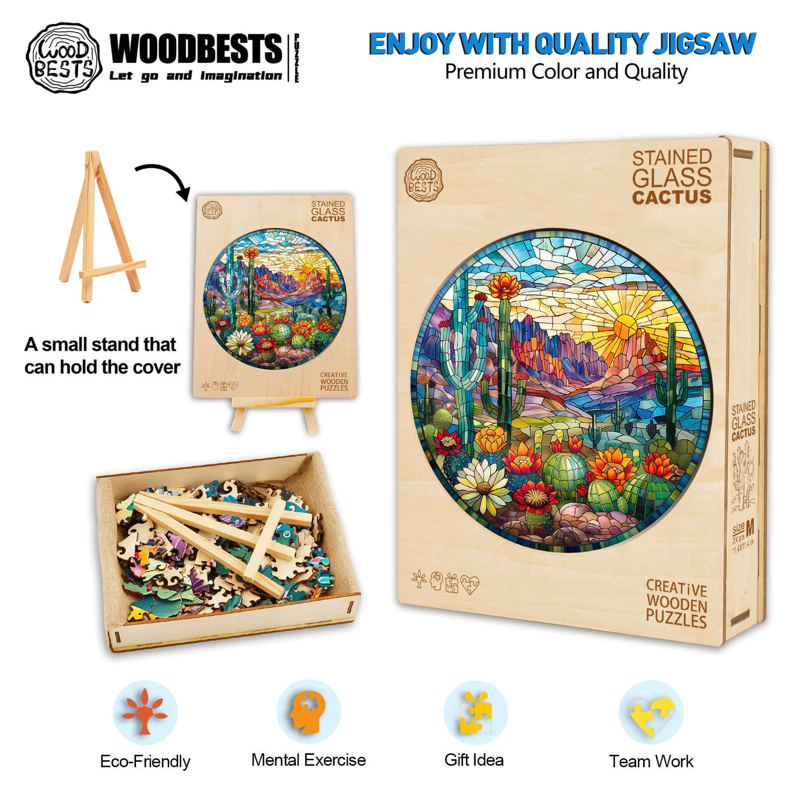 Stained Glass Cactus Wooden Jigsaw Puzzle with vibrant design, eco-friendly materials, promoting mental exercise and teamwork.