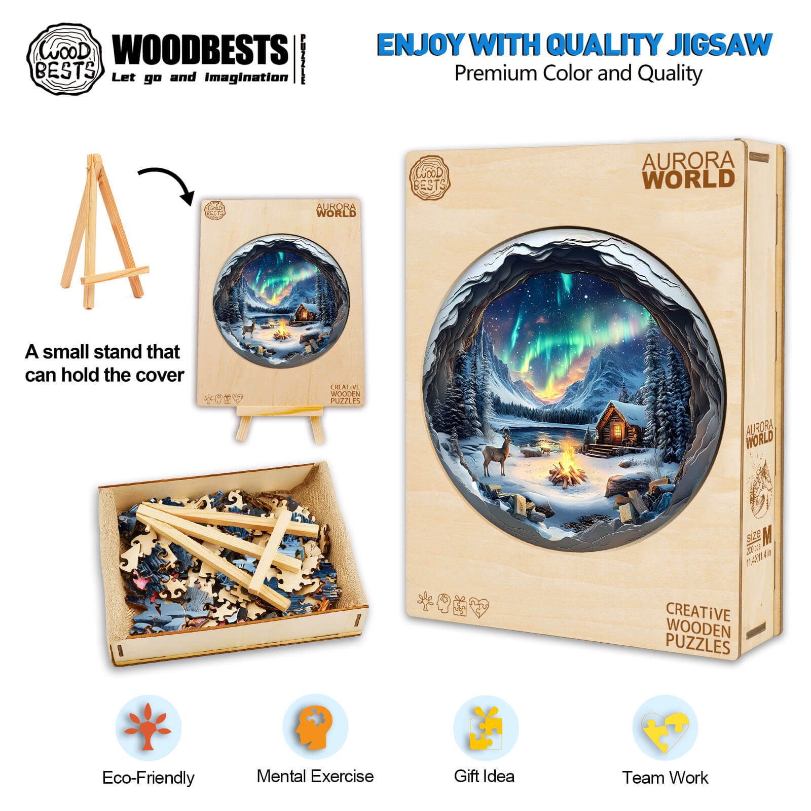 3D Aurora World Wooden Jigsaw Puzzle box with wooden pieces and stand showcasing Northern Lights design.