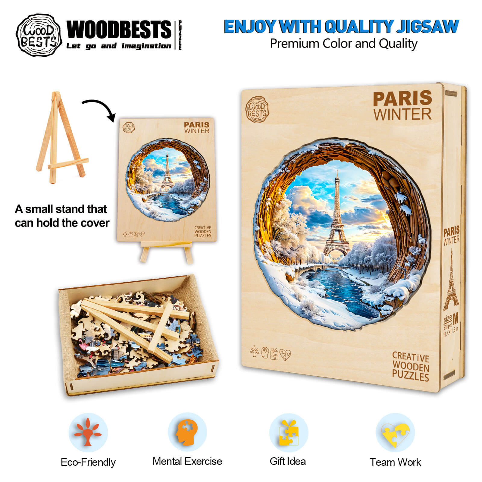 3D Four Seasons in Paris wooden jigsaw puzzle box with stand, promoting focus and mental exercise through creative play.