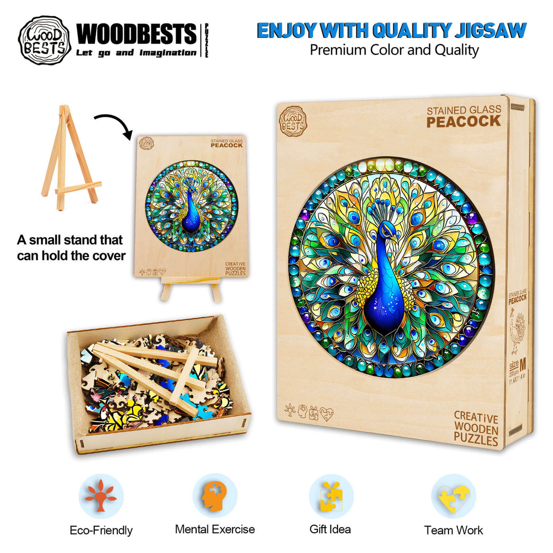 Stained Glass Peacock Wooden Jigsaw Puzzle