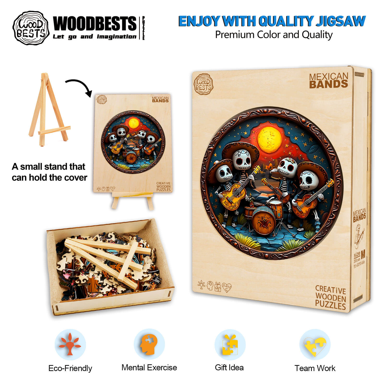 3D Mexican Bands wooden jigsaw puzzle with colorful components, promoting focus and teamwork, eco-friendly and a great gift.