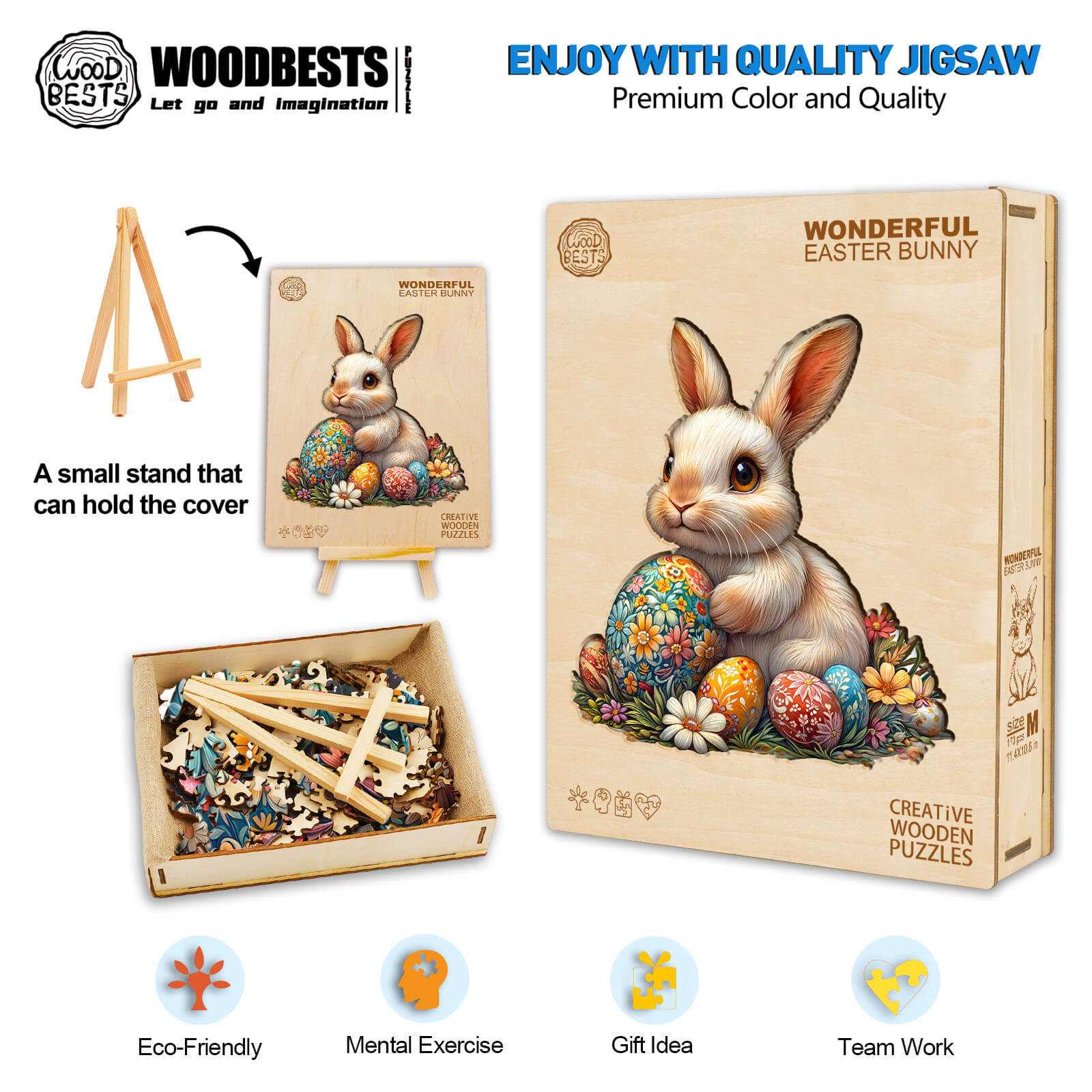 3D Wonderful Easter Bunny Jigsaw Puzzle with a wooden box, colorful pieces, and floral design for springtime fun.