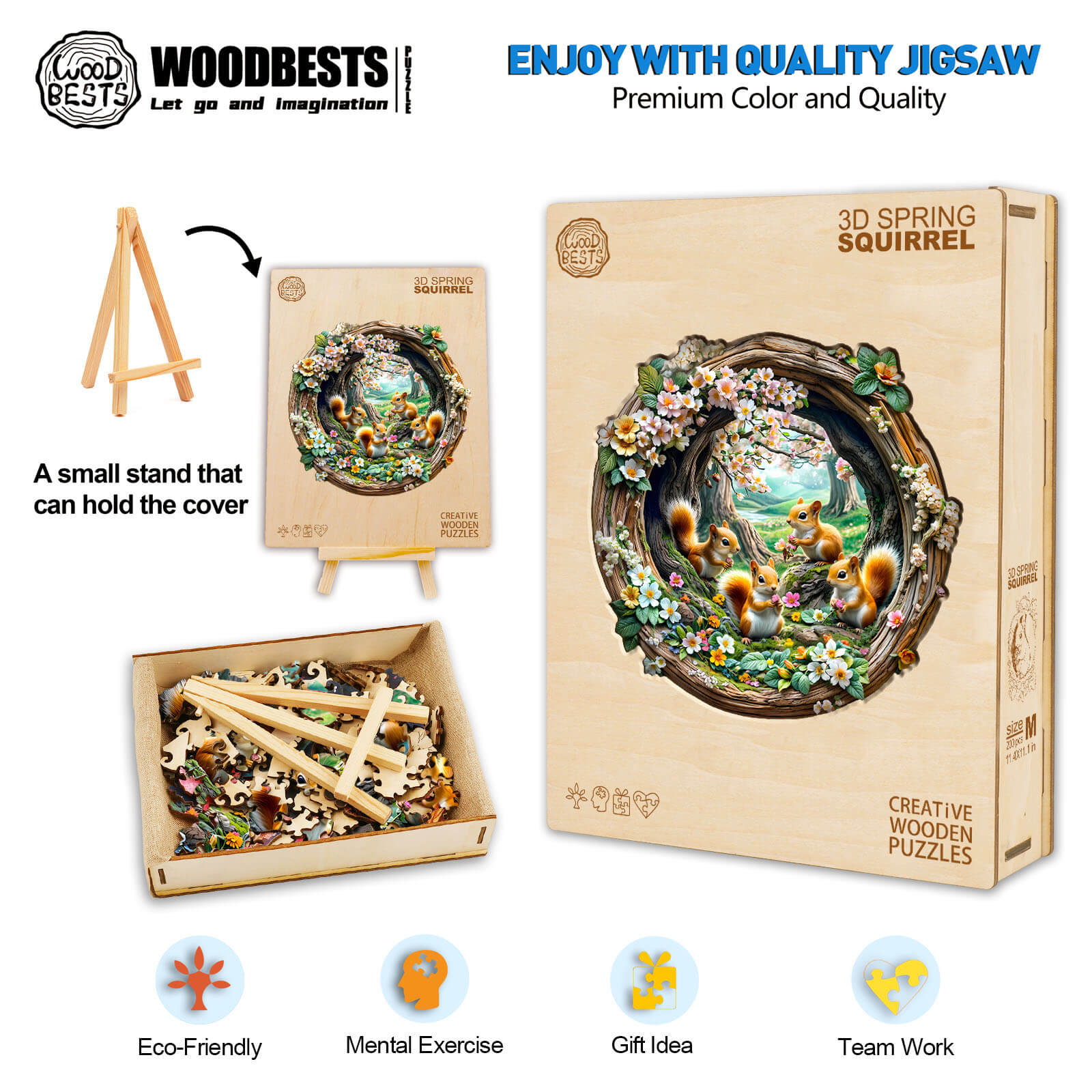 3D Spring Squirrel Wooden Jigsaw Puzzle box with pieces, eco-friendly, mental exercise, great gift idea for teamwork.