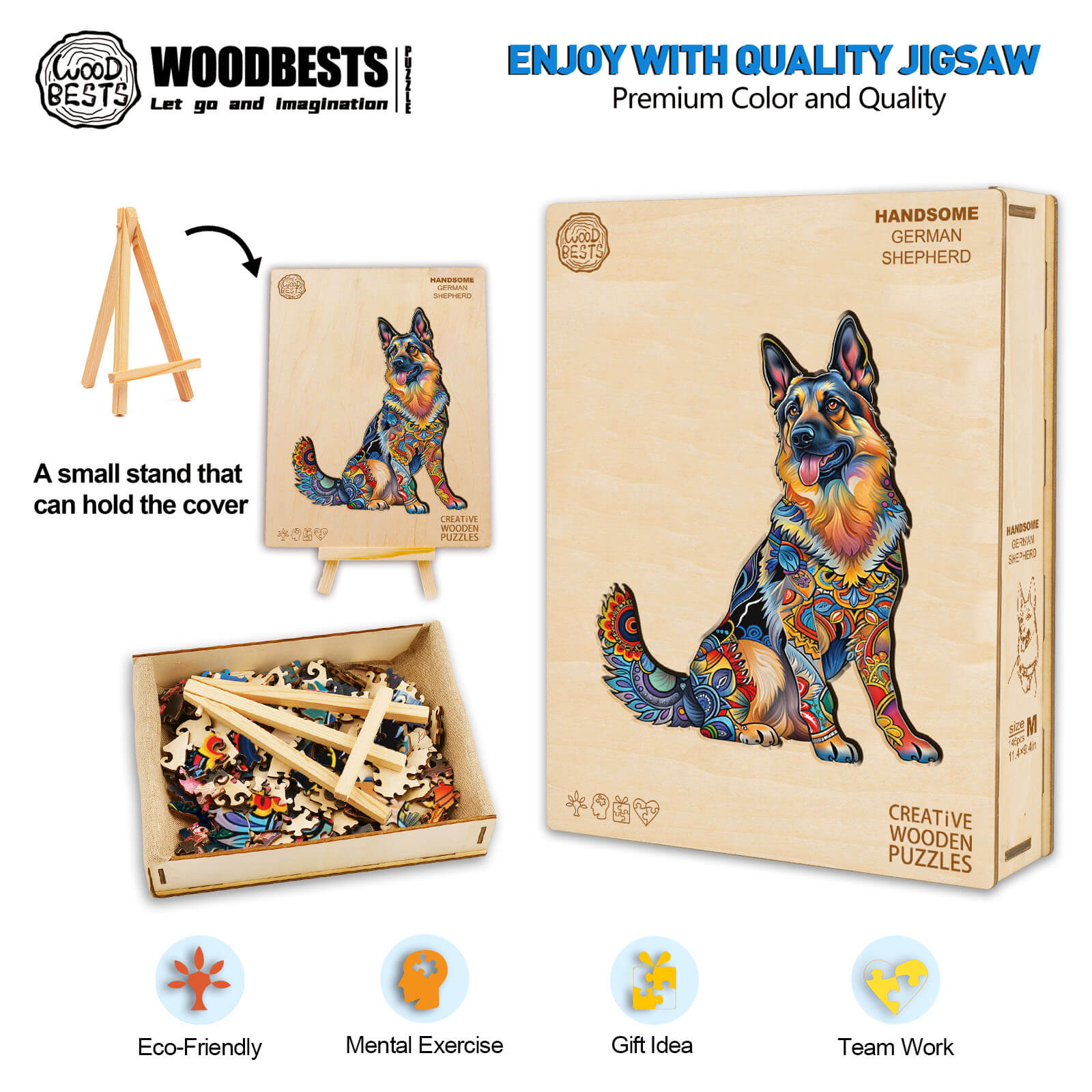 Handsome German Shepherd wooden jigsaw puzzle with vibrant colors, stand, and eco-friendly design for mental exercise.